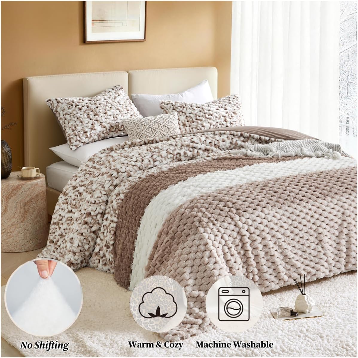 Petrichor Fluffy Queen Comforter Set - Taupe and White Striped Faux Fur Blanket for Queen Bed, Ultra-Soft Warm Bedding for Winter & Fall, Cozy 3 Piece Bed Set (1 Comforter & 2 Pillowcases)