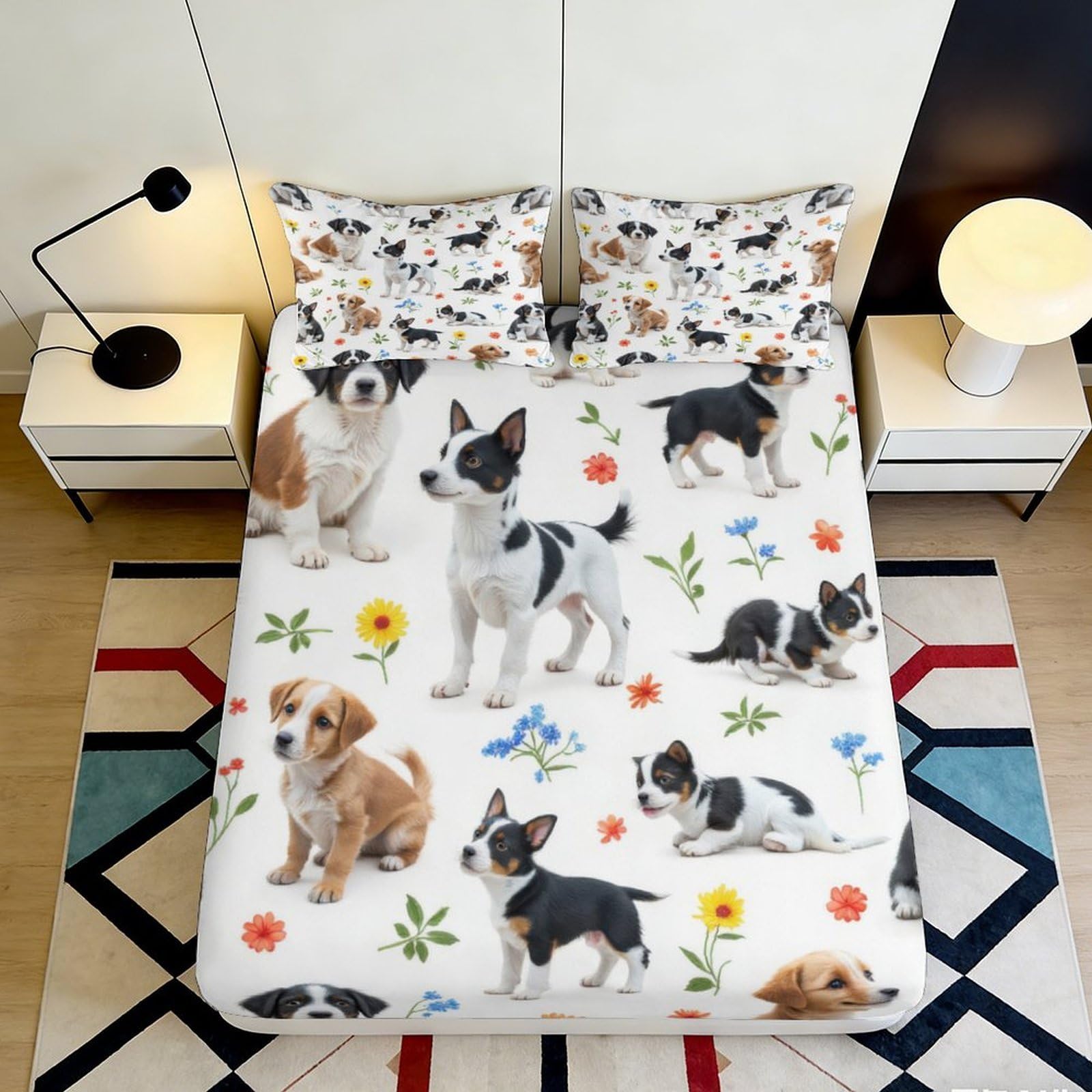 Qjzxknhpgr Style-9 3D Printed Dog Pattern Fitted Sheet Microfiber Soft Breathable Puppy Flower Mattress Cover For Bedroom Guest Room 90X200x25cm