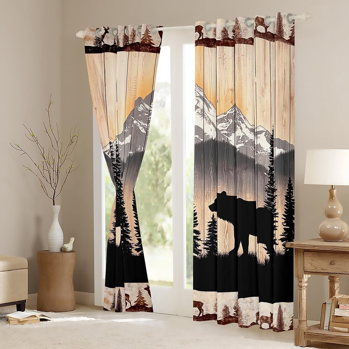 Rustic Hunting Deer Window Curtains Teens Adult Women,Cartoon Curtain for Bedroom,Woodland Cabin Draperies for Living Room,Farmhouse Country Window Treatment Drapes Set of 2 Panels,42Wx90L