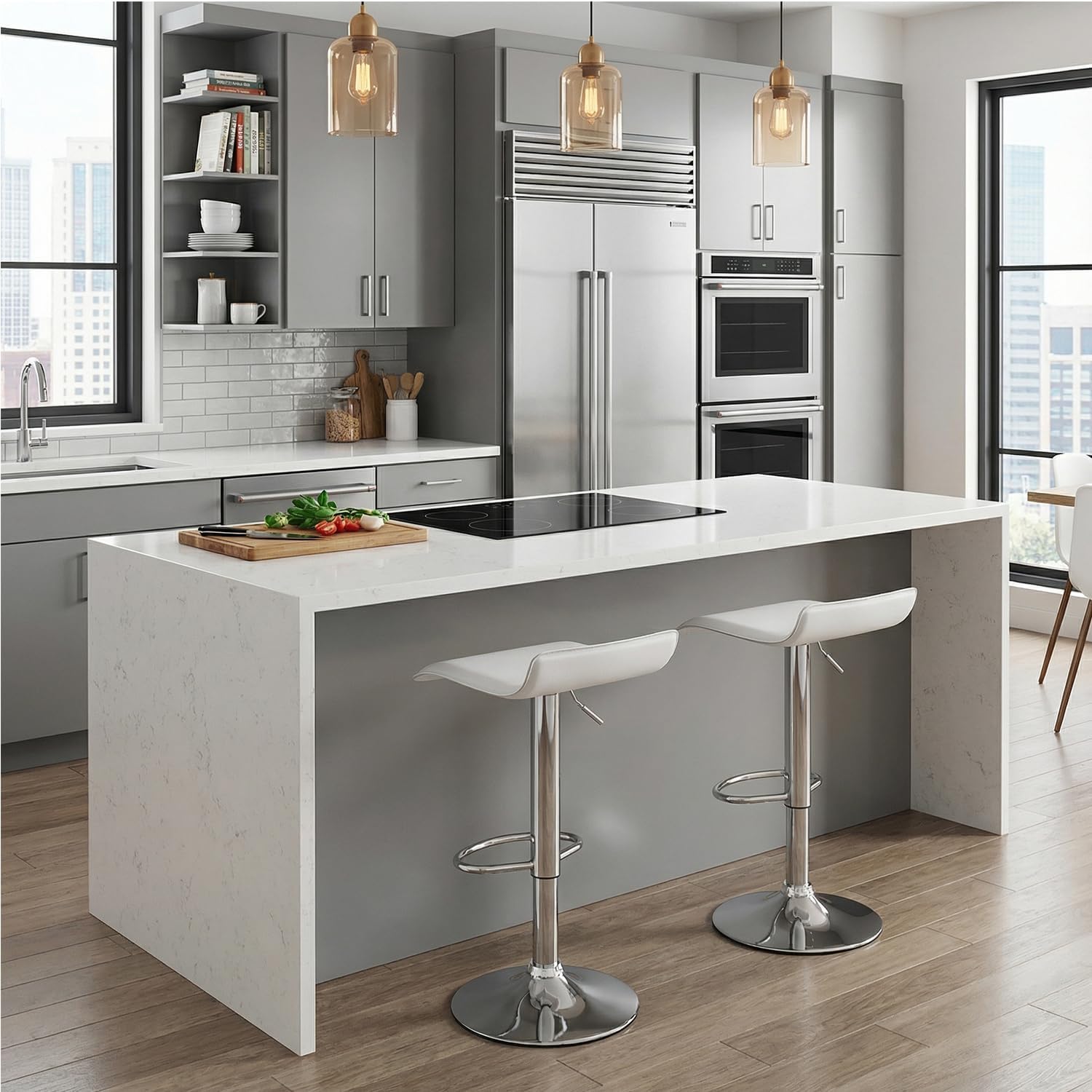 Set of 2 Barstool, Adjustable Swivel Bar Stools with PU Leather and Chrome Base, Gaslift Pub Counter Chairs, White