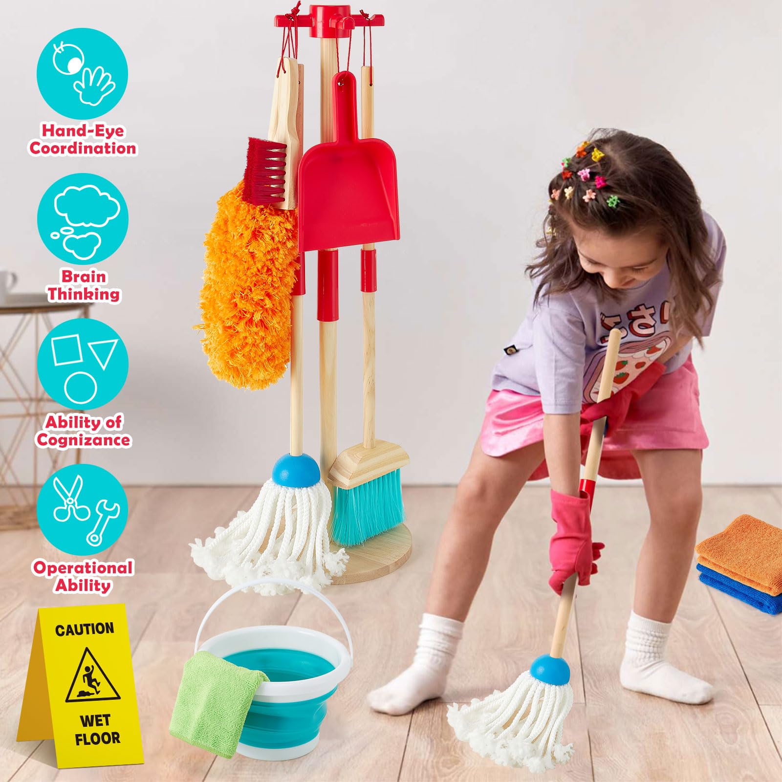 Atoylink Kinder Putzset 9-Teilige Holzspielzeug mit Kinder Besen Mopp Kehrschaufel Set Handfeger Eimer Lappen Staubwedel Ständer aus Holz Putzset Rollenspiele für Mädchen Jungen 3 4 5 6 Jahre