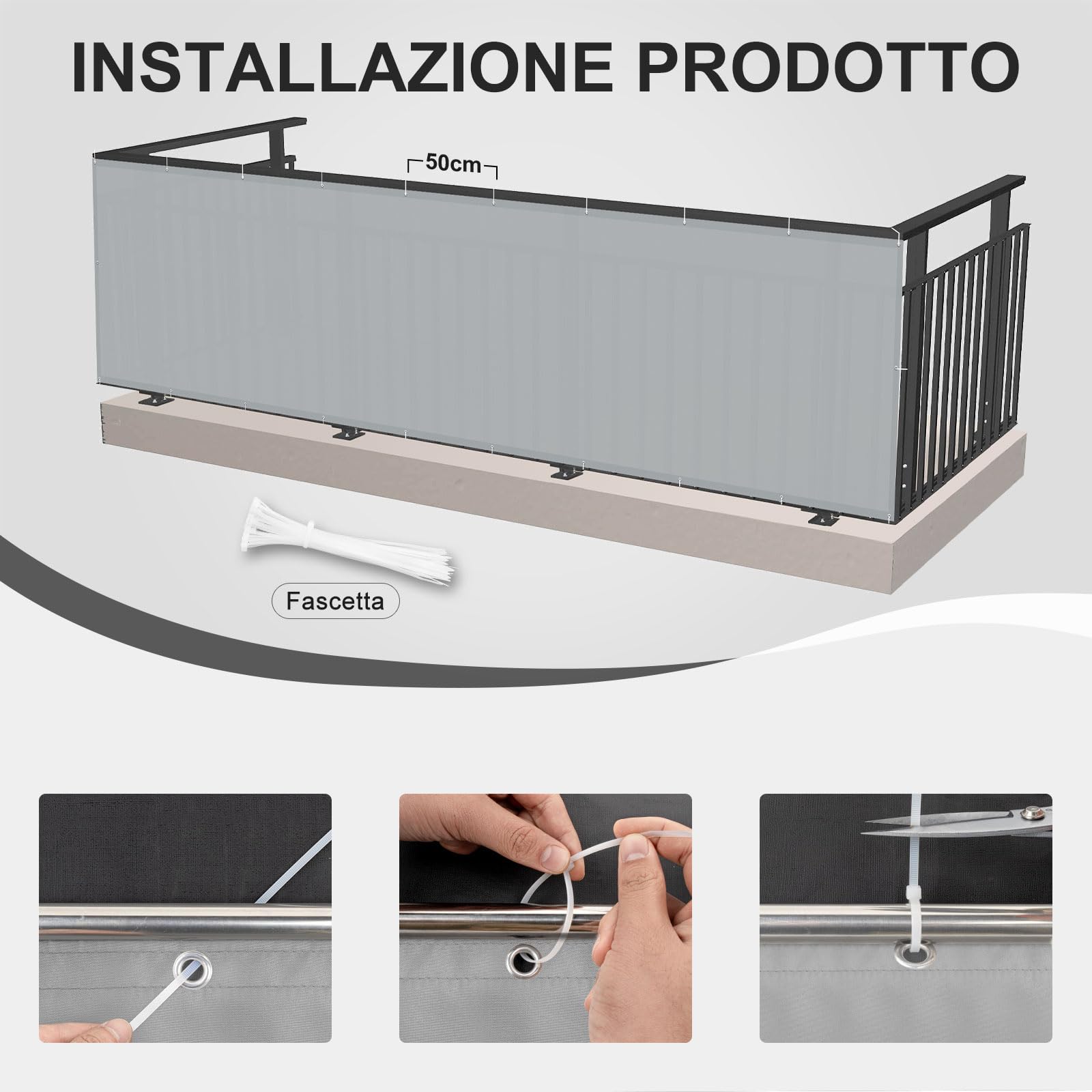 HENG FENG Frangivisto per Balcone 0.9x4m, 160g/㎡ PES Telo Balcone ringhiera,Protezione Privacy, Anti-UV, Impermeabile,Resistente al Vento, con Cinghie, Light Grigio - 4