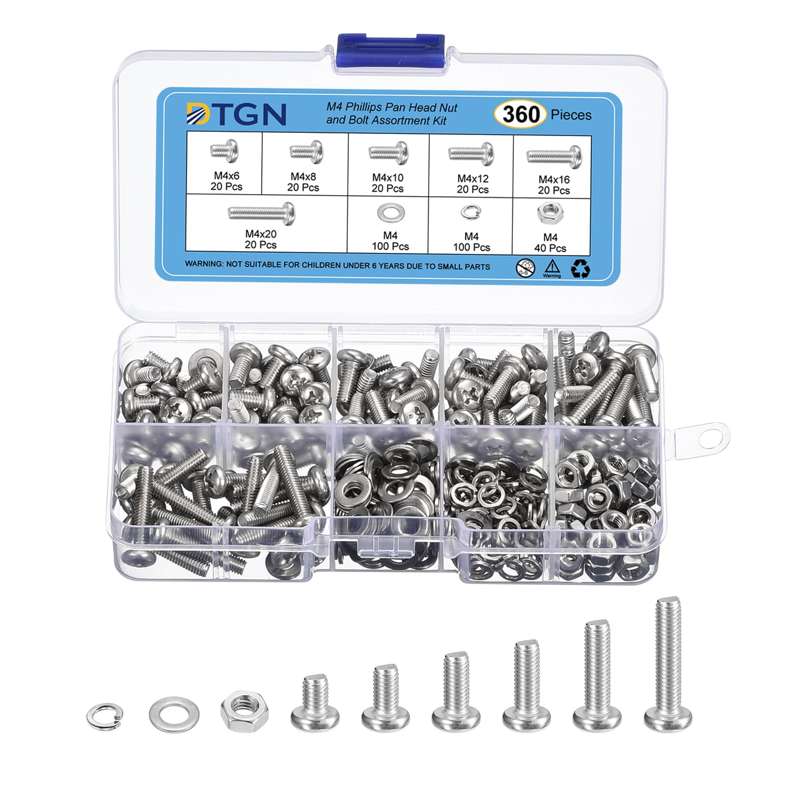 DTGN 360Pcs Machine Screws Assortment Kit, M4 Phillips Pan Head Nut and Bolt Assortment Kit