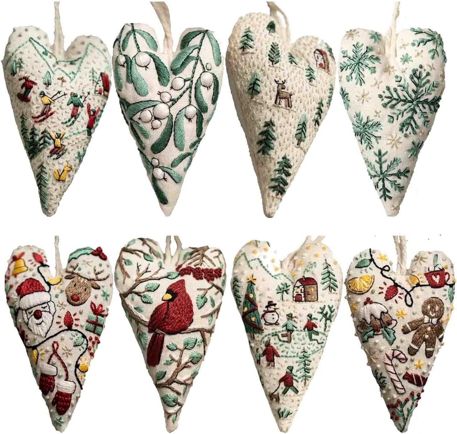 Ginger Tech Multicolor Diy Heart Embroidery Christmas Decoration, Christmas Embroidery Kit For Beginners, Diy Heart Shaped Hand Embroidered Christmas Ornament Kit With Needles And Thread (8Pcs A+B)