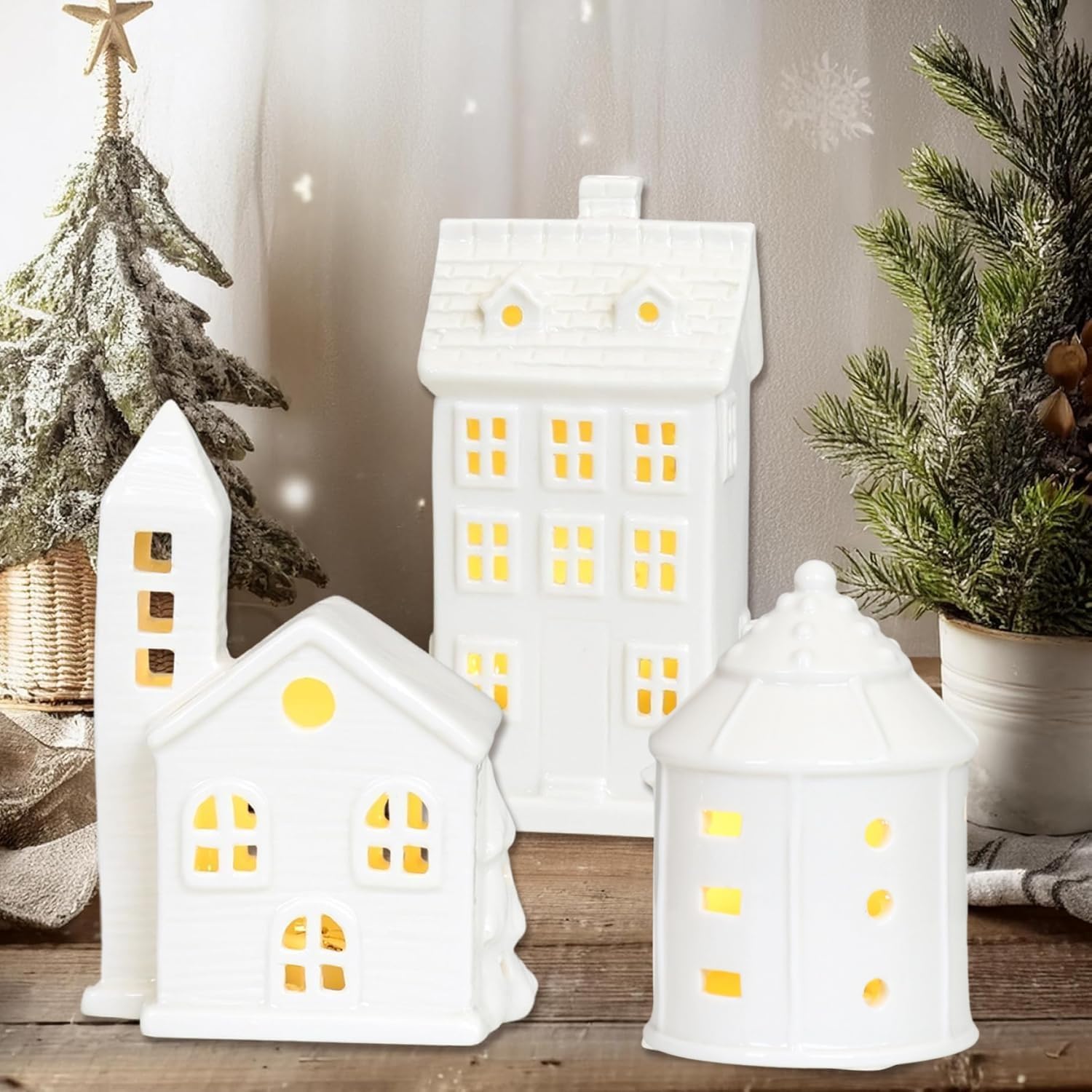 3-częściowy zestaw domków na podgrzewacze, ceramiczne świecące domki na podgrzewacze, dom szachulcowy, świecznik na podgrzewacze, biały domek, bożonarodzeniowy domek, dekoracja