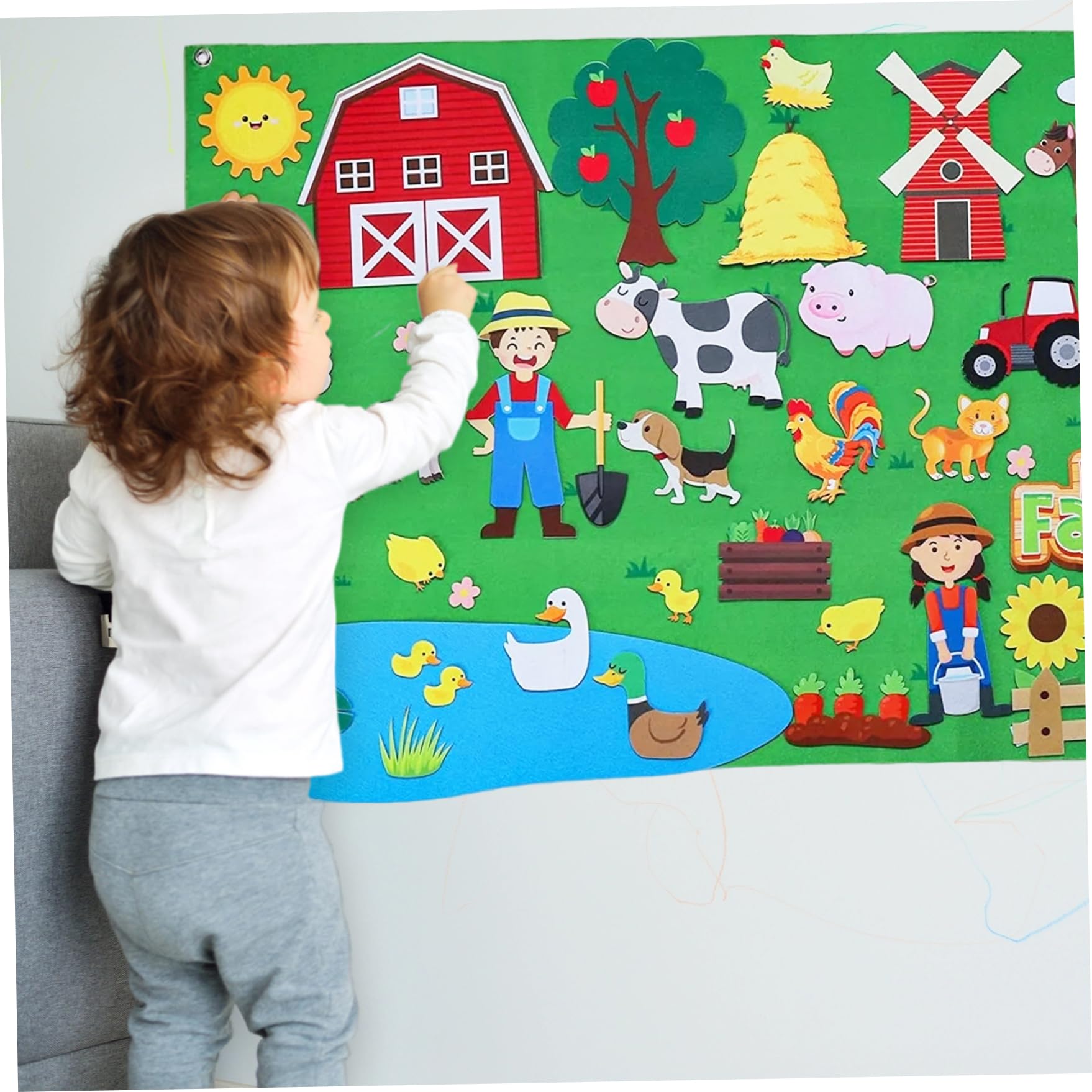 Animali da Fattoria 41x30 Pollici Lavagna in Feltro per apprendimento precoce Lavagna in Feltro interattiva da Appendere alla Parete per Bambini Famiglia Rol di Natale