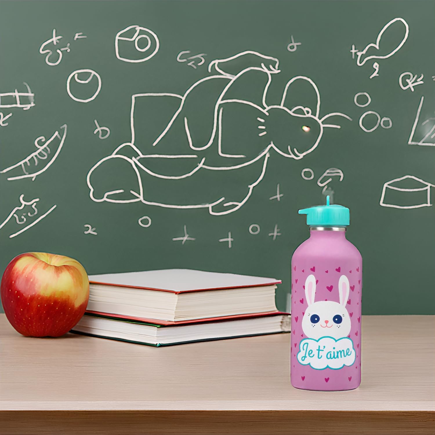 DRAEGER PARIS 1886 - Botella Infantil de Acero Inoxidable con Mensajes Personalizados - Diseño de Animales Adorables - 300ml - Fácil de Usar y Limpiar - Ideal para Escuela y Actividades - Je t'aime