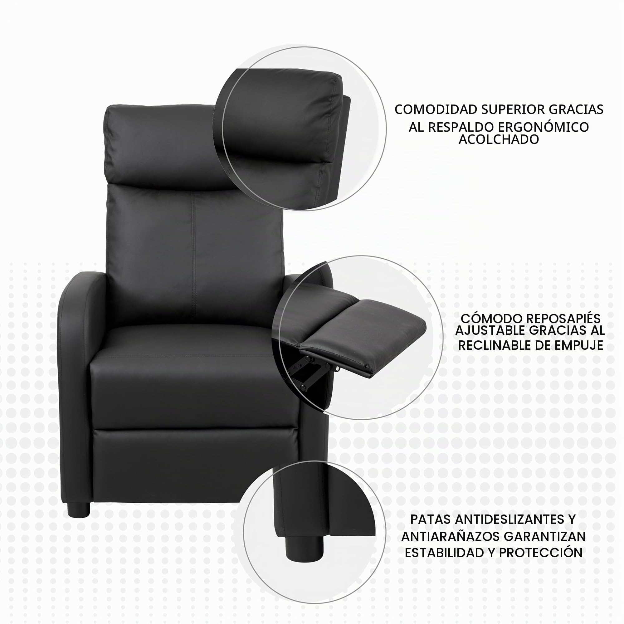 Baroni Home Sillón reclinable de Espuma Suave, con Respaldo reclinable, reposapiés, pies Antideslizantes, sillón reclinable Relajante, fácil de Montar, cómodo, Negro, 66x75x99 cm (Pusch-Back)