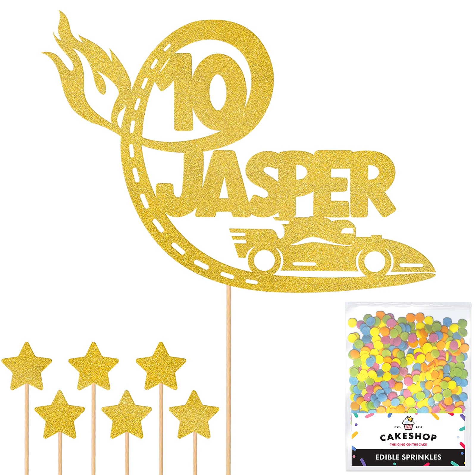 Personalised F1 Motor Racing Car Glitter Cake Topper - Gold Custom Age & Name Glitter Cake Decoration and Sprinkles - Happy Birthday Decorations - Personalised Toppers for Cakes by Cakeshop — image 1