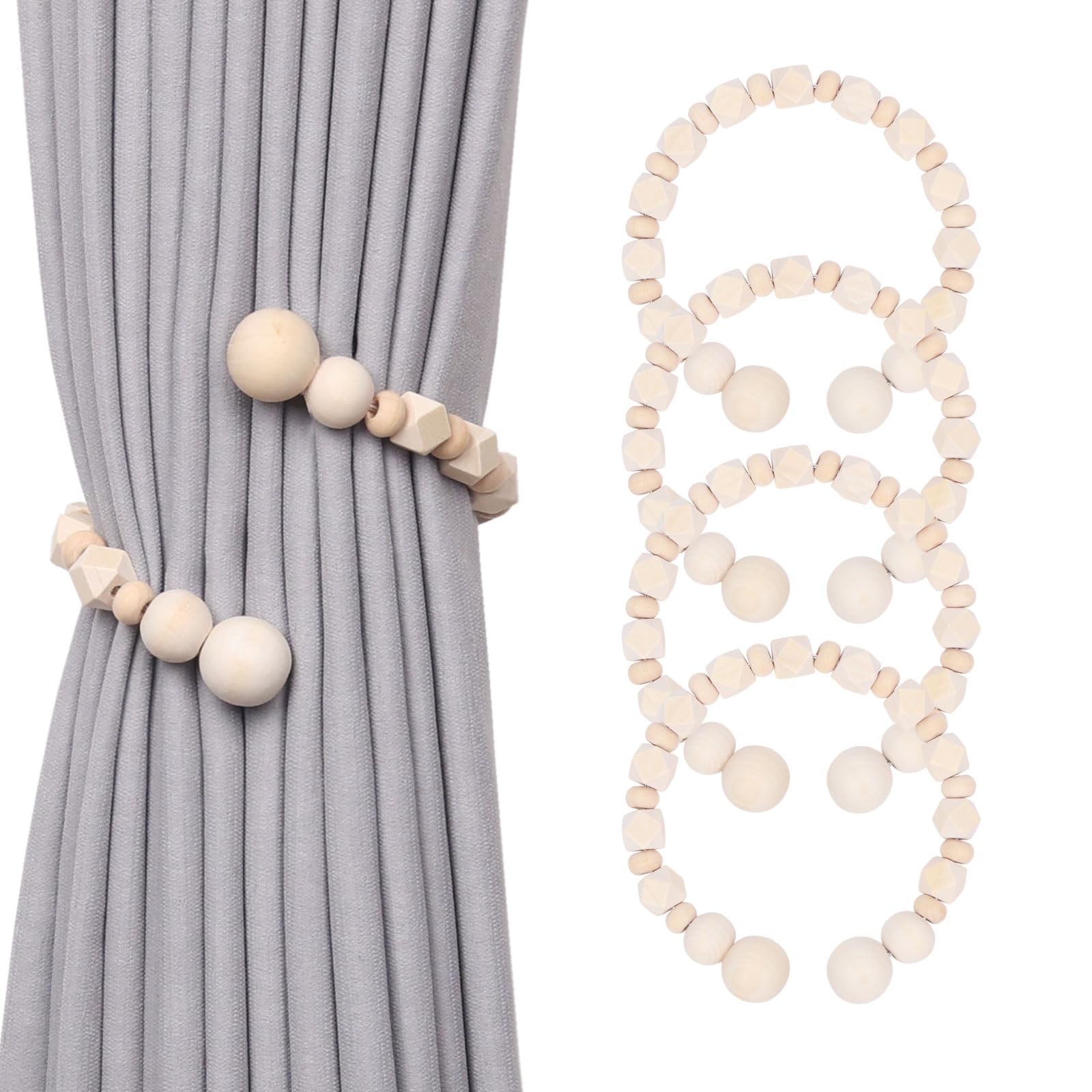 Pretty Jolly 4 Pack Wood Bead Decor Curtain Tiebacks Boho Style DIY Twist Drape Tie Backs Natural Wooden Bead Curtain Holdbacks for Home & Office Thin or Thick Window Draperies (Wood bead-03)