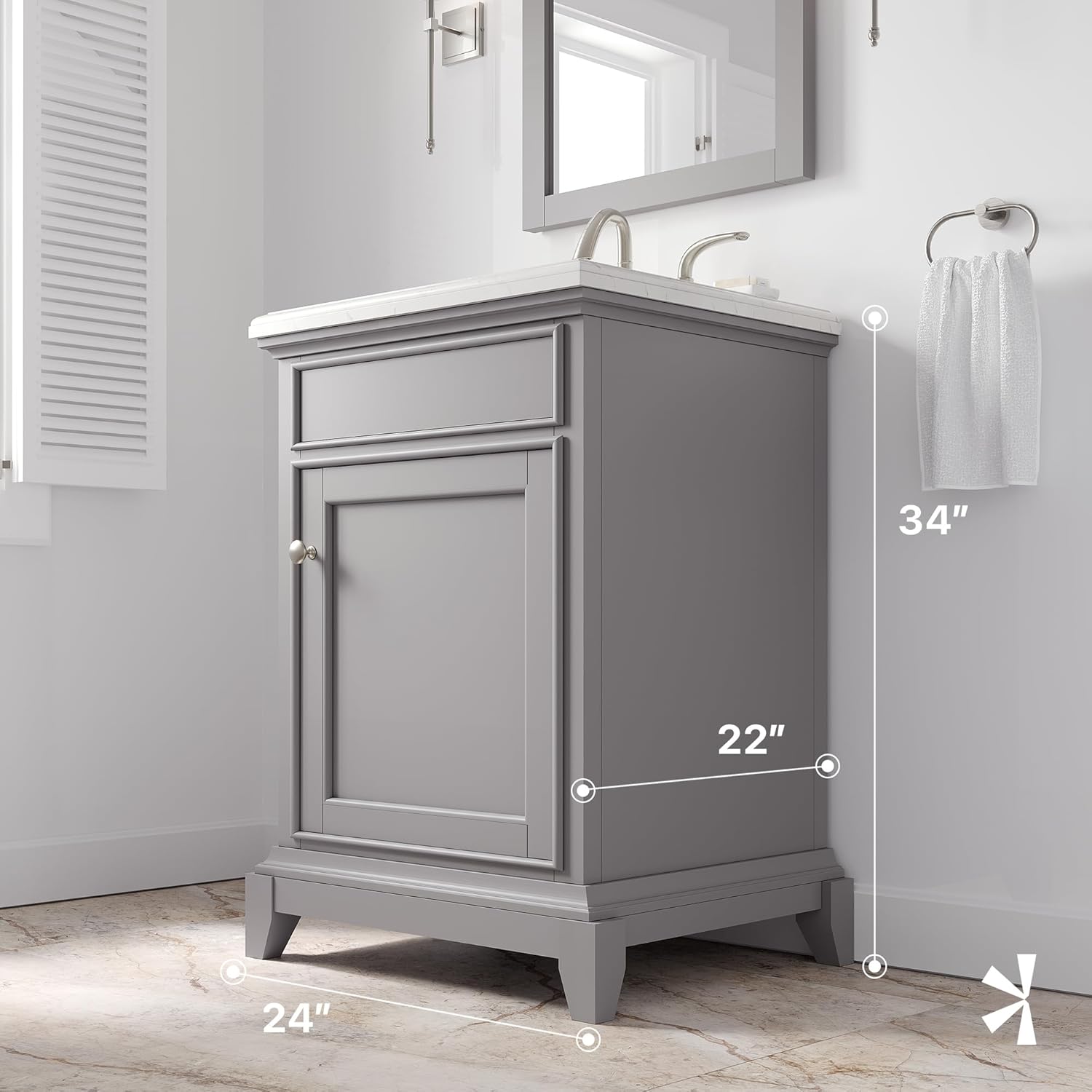 Elite Stamford 24 in. Gray Single Sink Bath Vanity with Carrara Quartz Top and Undermount Porcelain Sink