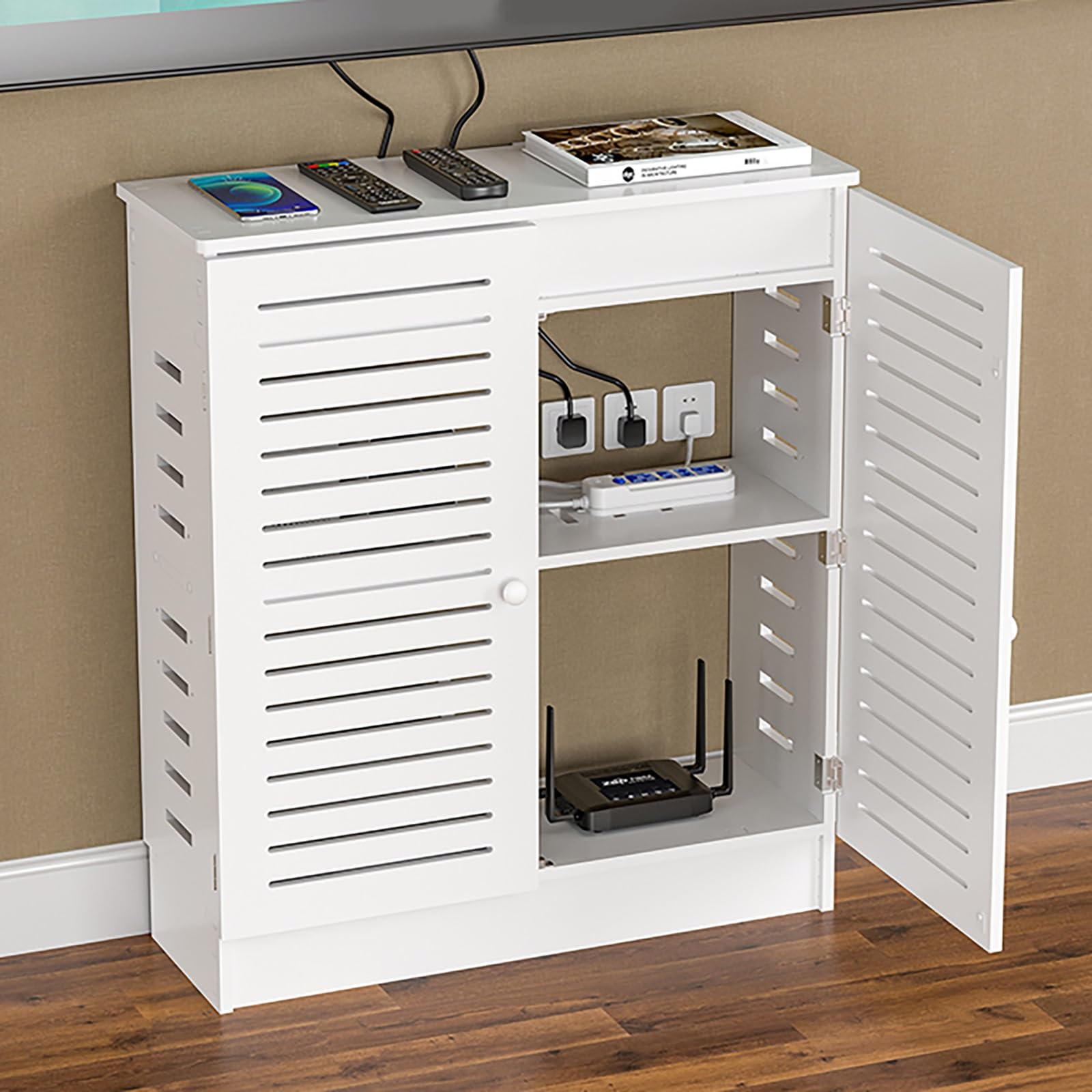 Zjhahjy White Floor Standing Router Storage Box Modem Wifi Router Storage Cabinet, Power Strip And Cable Management Hider Organizer Router Cabinet(,50 * 70 * 25Cm/19.7 * 27.6 * 9.8In)