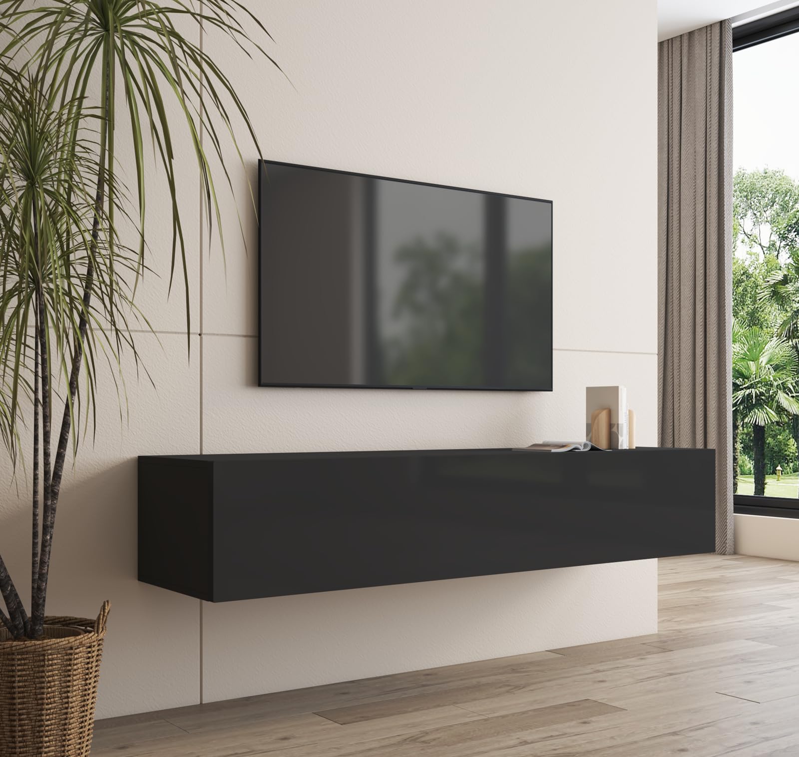 MB Muebles Bonitos, Meuble TV Mural Nora H2 pour Salon Moderne, Meuble Suspendu avec 1 Porte 3 Compartiments, Couleur Noir, 160x30x40 cm
