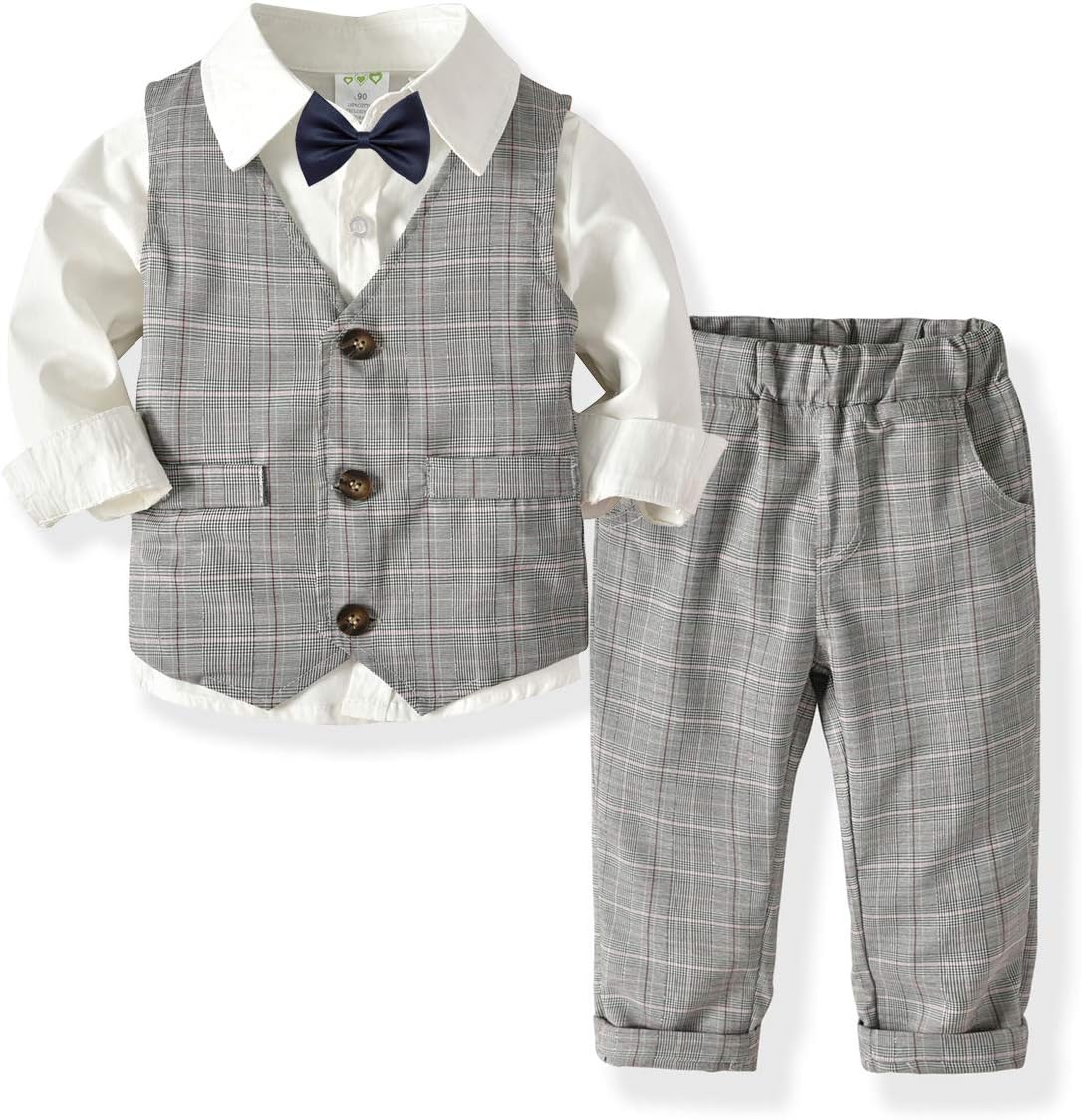 Little Boys Gentleman Formal Suit Set with Vest,Pant,Shirt,and Bow Tie,Baby Boys Long Sleeve Wear Weding 4Pcs Outfit