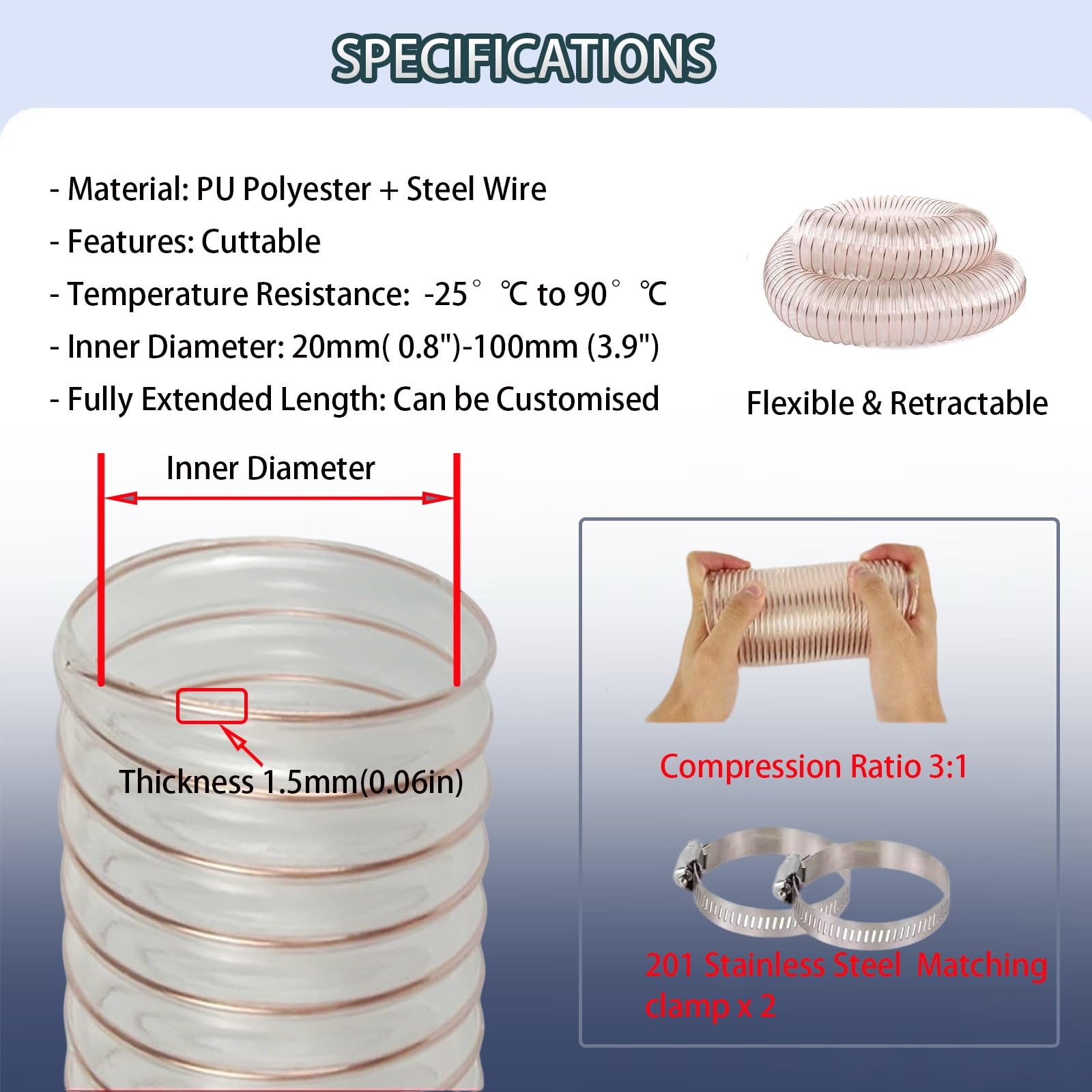 Manguera flexible transparente de recogida de polvo con alambre de acero en espiral, duradera para la gestión de desechos