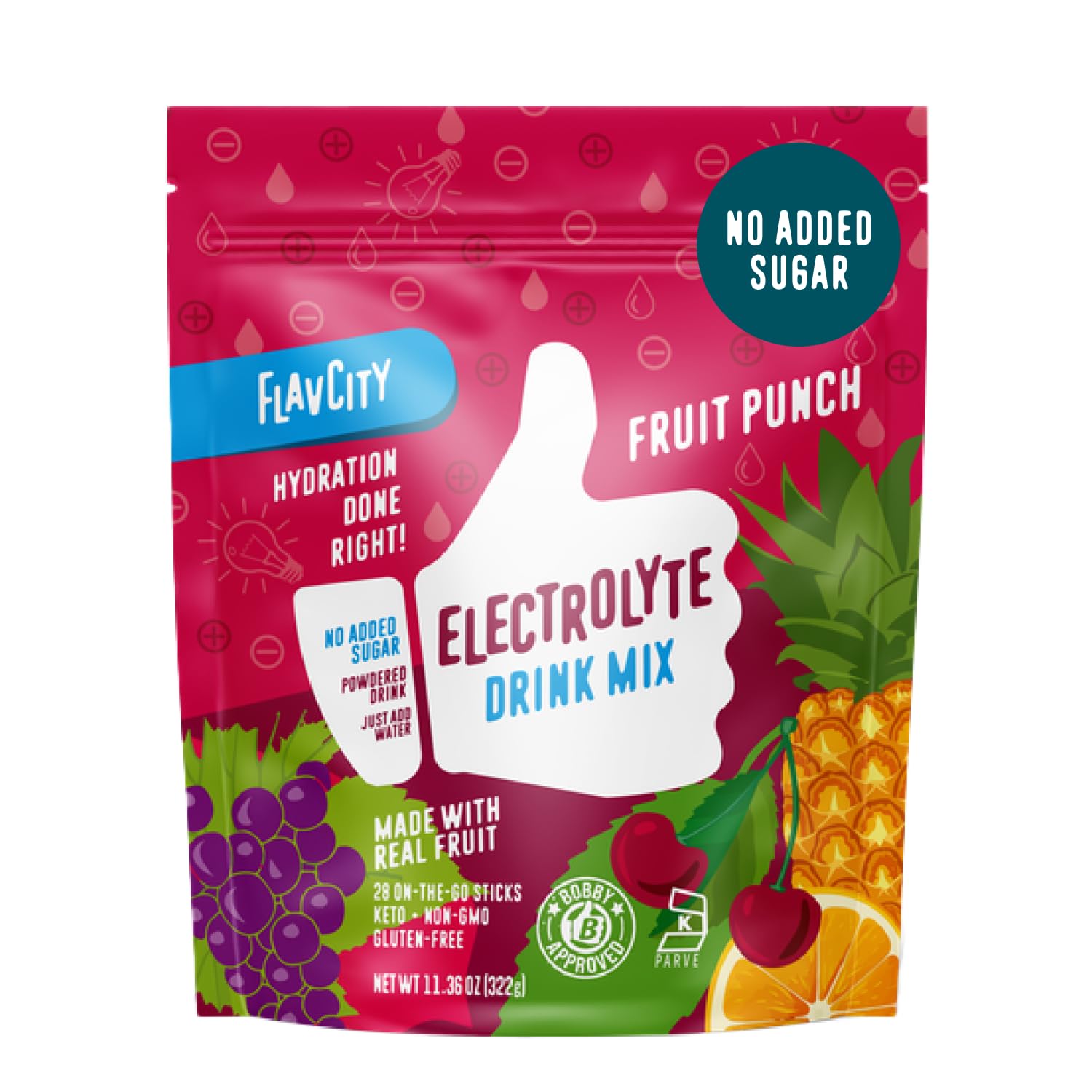 FlavCity Fruit Punch Electrolytes Powder Packets - 28 Hydration Packets - No Added Sugar - Hydration Powder with Real Fruit & Unrefined Sea Salt - Keto & Gluten-Free (28 Stick Packs)