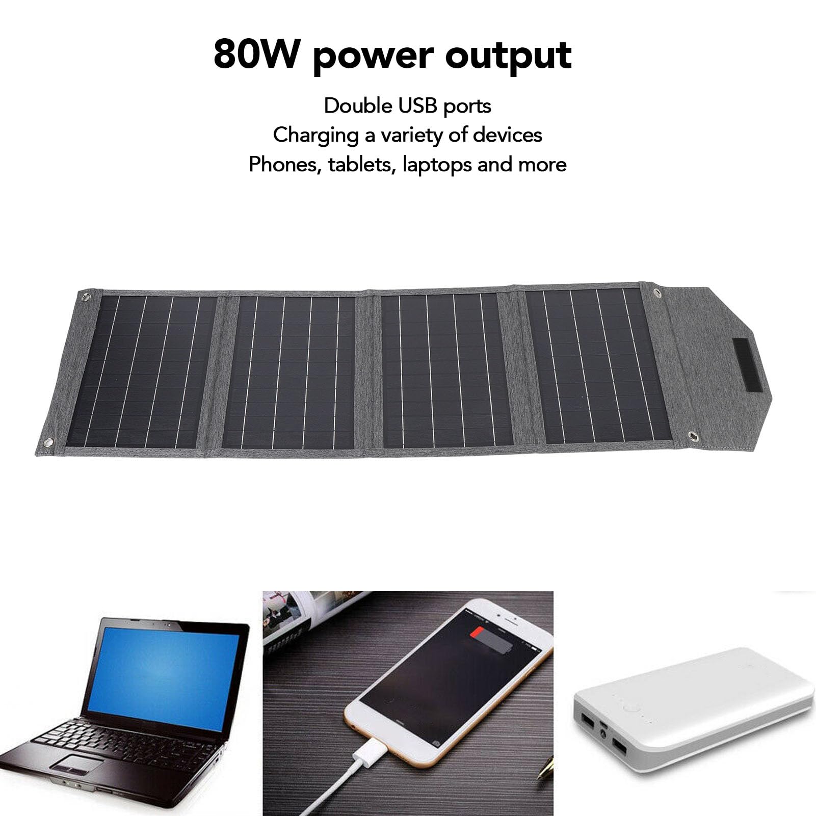 Chargeur Solaire Pliable et Portable 80 W, étanche, en Silicium Monocristallin, 2 Sorties USB, pour Téléphone