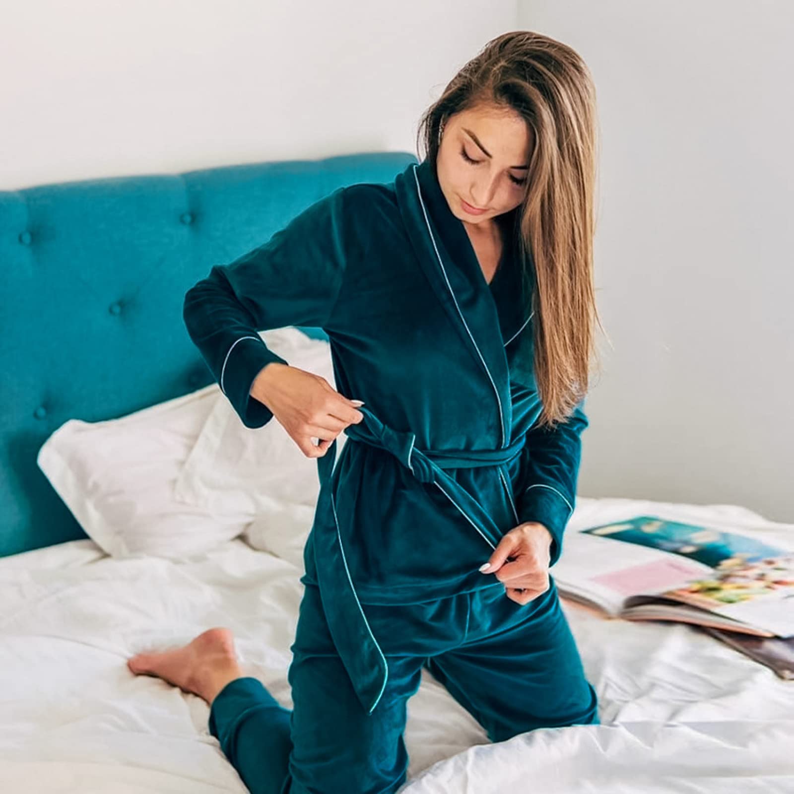 BOMEETSIA Conjunto De Dos Piezas De Pijama De Manga Larga para Mujer, Conjunto De Cárdigan Cálido Y Cómodo, Camisón Sexy para Mujer, Verde, L