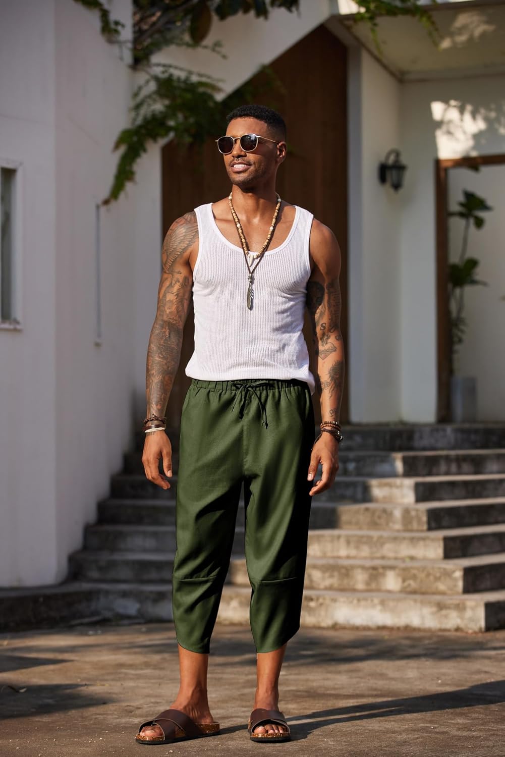 COOFANDY Men's Linen Harem Capri Pants Lightweight Loose 3/4 Shorts Drawstring Elastic Waist Casual Beach Boho Yoga Trousers - Image 4