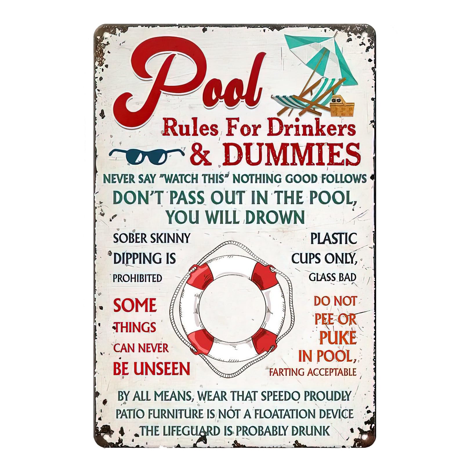 Pool Rules For Drinkers & Dummies Vintage Metal Sign,Don't Pass Out In The Pool You Will Drown Tin Signs for Home Swim Pool Party Outdoor Beach Water Park Decor 8 x 12 inch