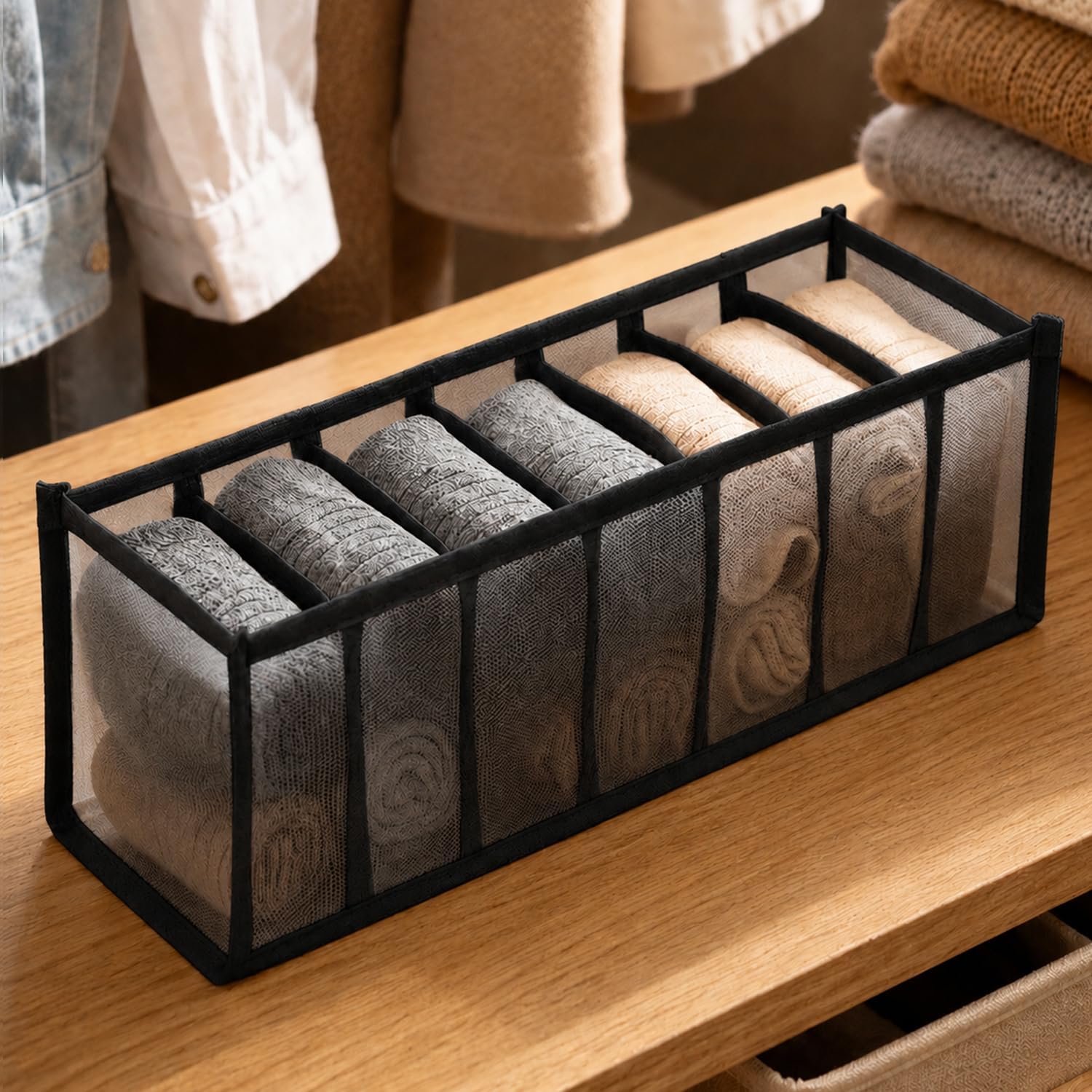 Underwear Drawer Organizer with 7 Compartments, Bra Storage Bin for Closet and Dresser, Sock Organizer Box for Wardrobe Clothing Accessories