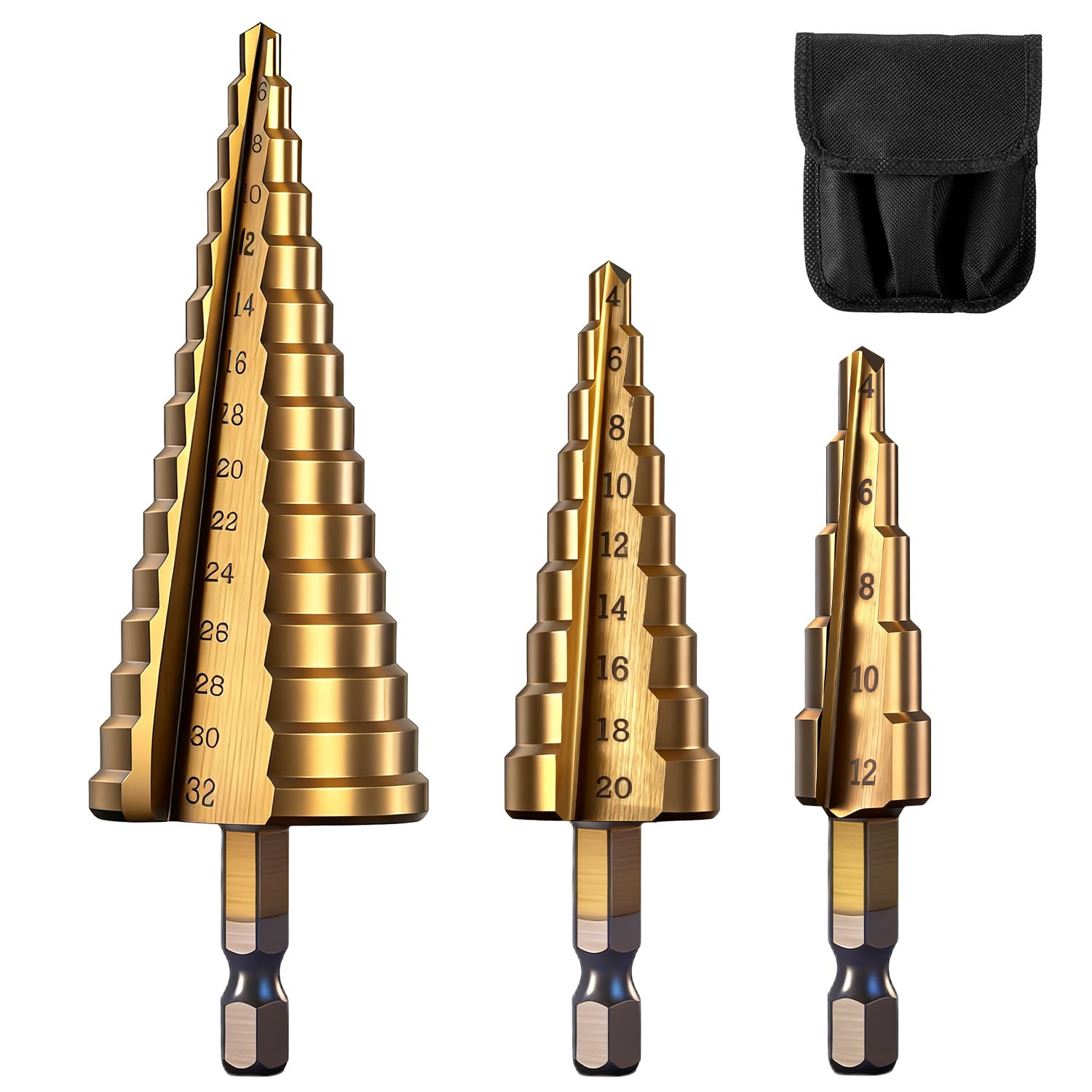 Step Drill Bit Set, 3 Pieces Titanium Coated High Speed Steel Unibit Cone Drill Bit Kit for Plastic, Wood, Metal Sheet, Aluminum Hole Drilling HSS Stepped Driil Bit (Metric 4-12mm/4-20mm/4-32mm)