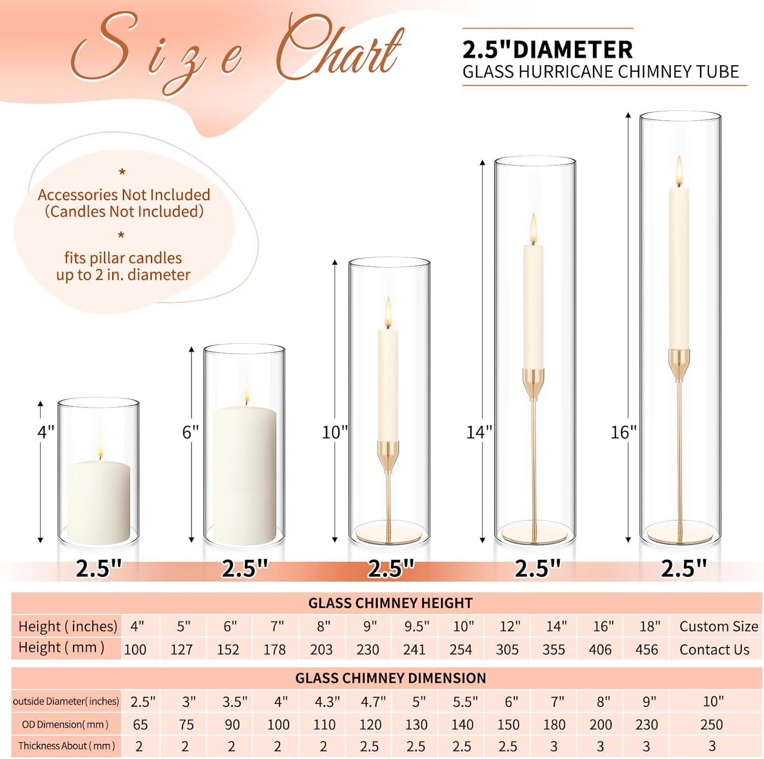 Showgeous 24 PCS Hurricane Candle Holder, D:2.5" H:14" Open Ended Glass Candle Cylinder Sleeve, Clear Glass Cylinder Candle Holder, Open Flame Candle Chimney Tube Cover, Bottomless Cylindrical Glass - Image 5