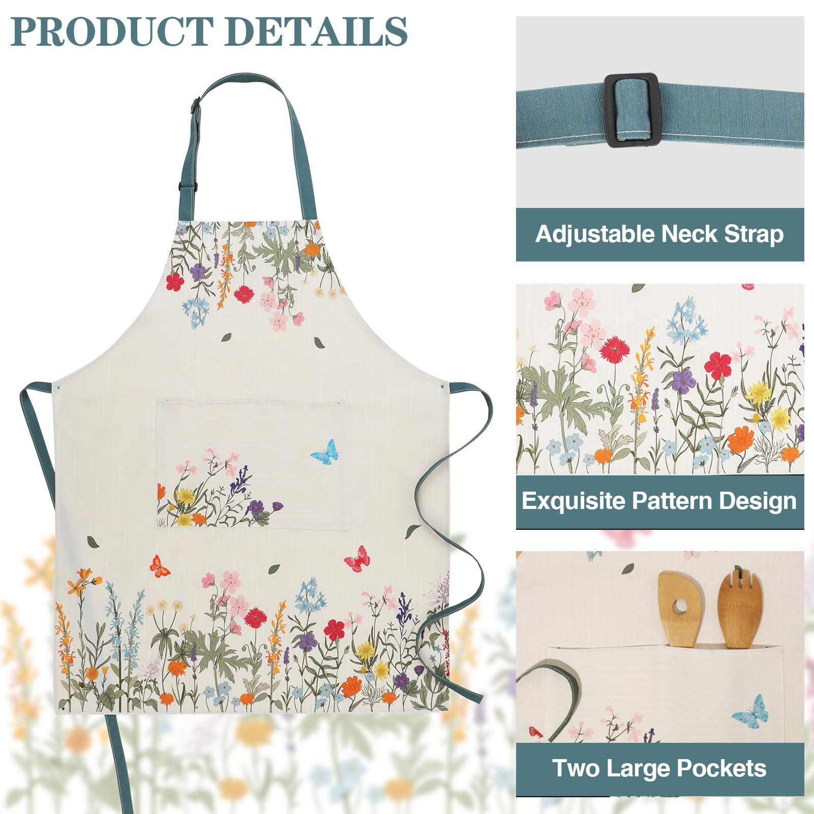 saerryor Kitchen Aprons for Women with Pockets Adjustable Chef Apron with Floral Butterfly for Baking Cleaning Gardening - Image 2