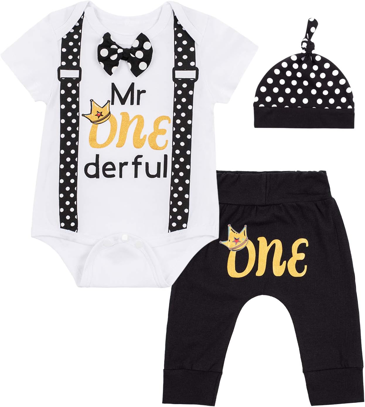 LENSOUS Baby First Birthday Outfit Boy Funny Bowtie One Year Old Boys Romper Bodysuit Set