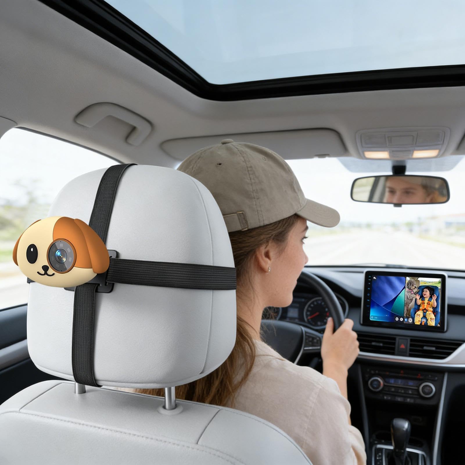 Monitor Infantil De Coche Vídeo 1080P Gran Angular 150 Grados Plug and Play | Cámara Inalámbrica para Asiento de Coche para Padres Viajes por Carretera Largas Distancias Conducción Acampada