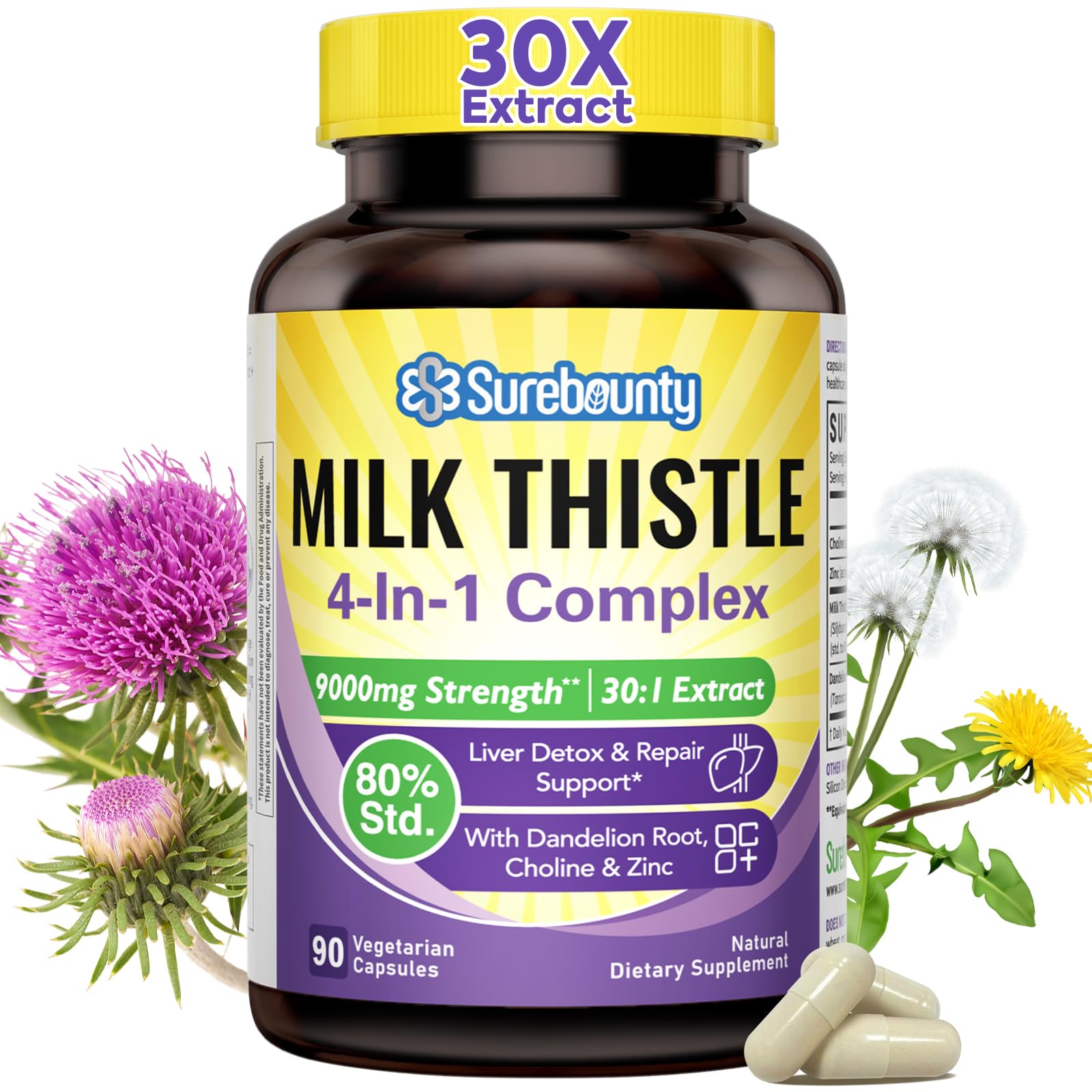 Surebounty 4-in-1 Milk Thistle Complex, 9000 mg Strength, 30X Concentrated Seed Extract, with Dandelion, Choline and Zinc, Non-GMO, 90 Veggie Caps, 3 Month Supply