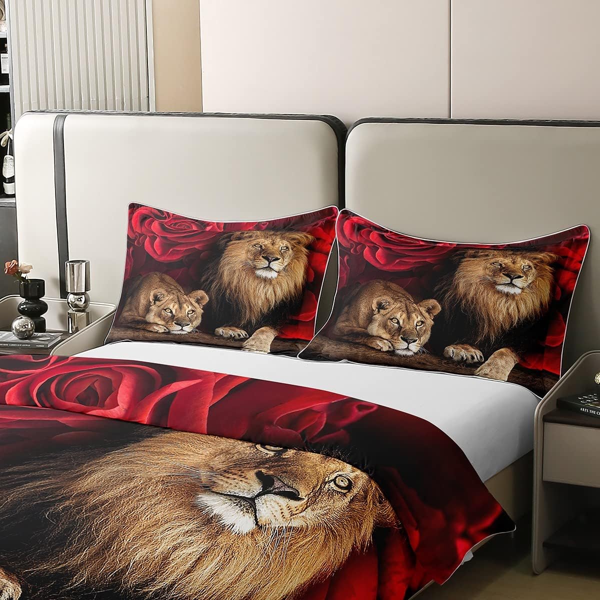 Juego de cama de algodón de 240 x 260 cm, funda nórdica de león rosa, juego de cama con estampado floral de animales, ropa de cama con temática de naturaleza, para niños jóvenes adultos, ultra suave