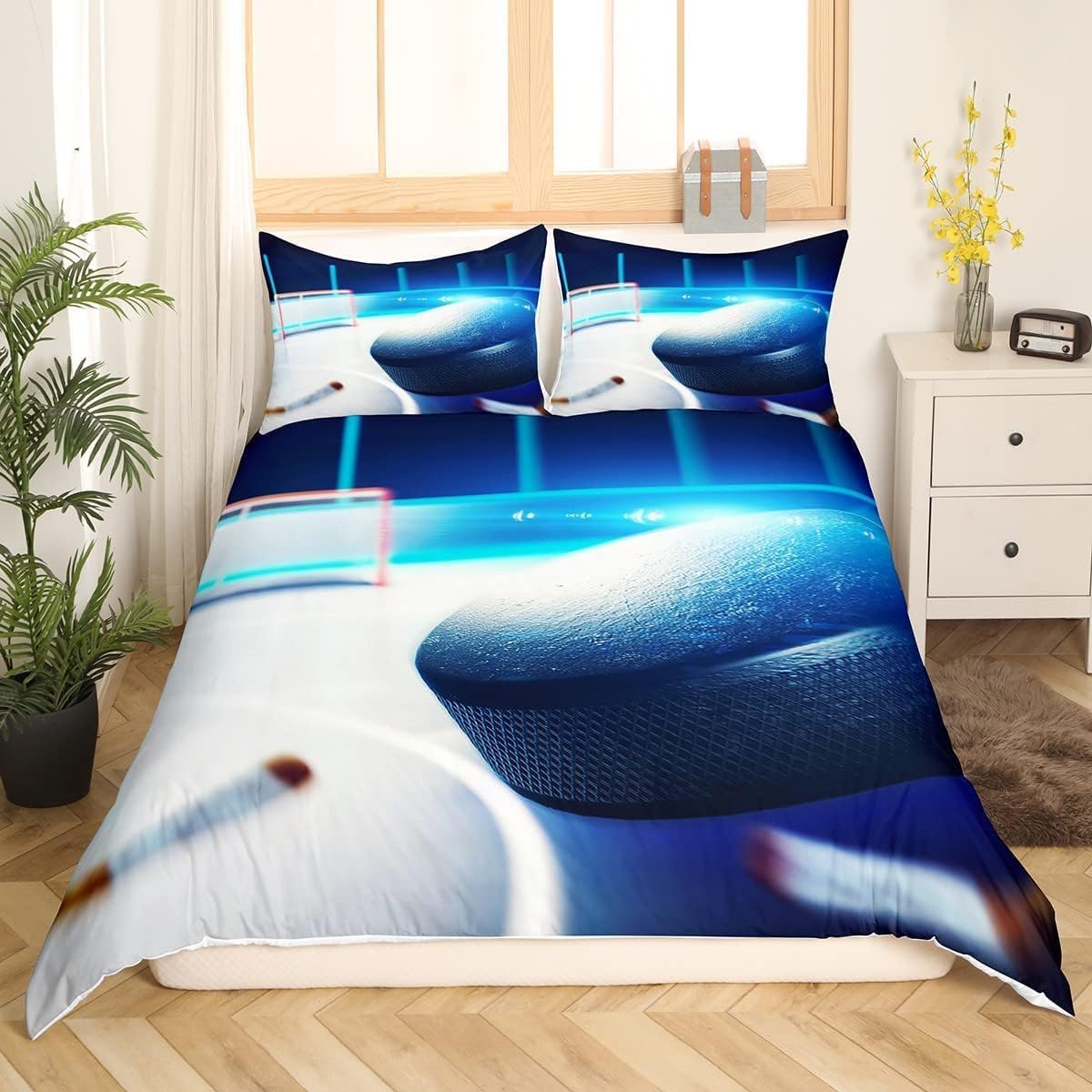 OPQ6230 Pościel 200 x 220 cm, poszewka na kołdrę 3D, hokej na lodzie, zestaw pościeli 200 x 220 cm + 2 poszewki na poduszkę z zamkiem błyskawicznym