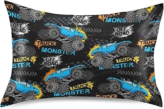 Monster Truck Tires Pillow Covers Silk Pillowcase for Hair and Skin Soft Breathable Smooth Cooling Satin Pillowcase Standard Size Pillow Case for Sleeping Women Boys Girls Room (20x26 Inch)