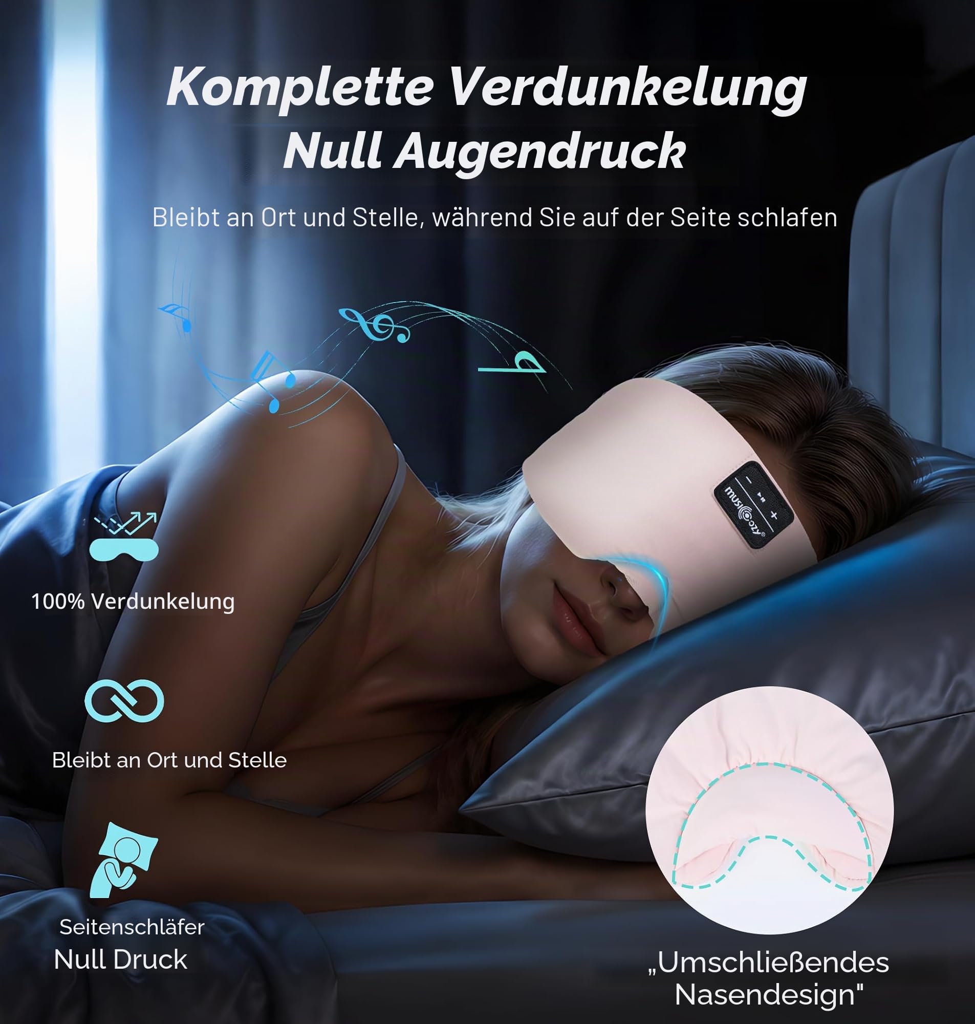 Schlafmaske mit Bluetooth-Kopfhörern, 100% verdunkelnde Seiden-Augenmaske, Kopfhörer für Männer und Frauen, weiche Schlafkopfhörer, Bluetooth-Augenmaske zum Schlafen, Reisen (Babyrosa)