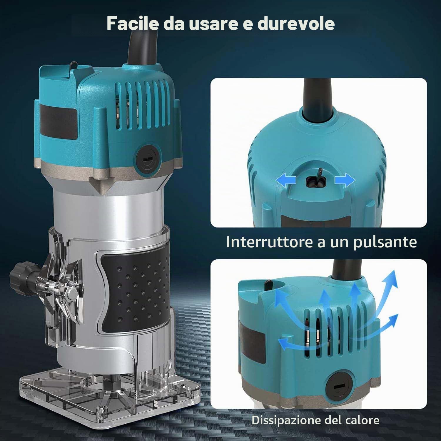 Router Elettroutensile per Intarsio Fresatrice da Banco 800W 30000 Giri/Min, Pinza 6.35mm + Kit di 15 Frese per Intarsio con Gambo da 1/4" per Lavorazione del Legno