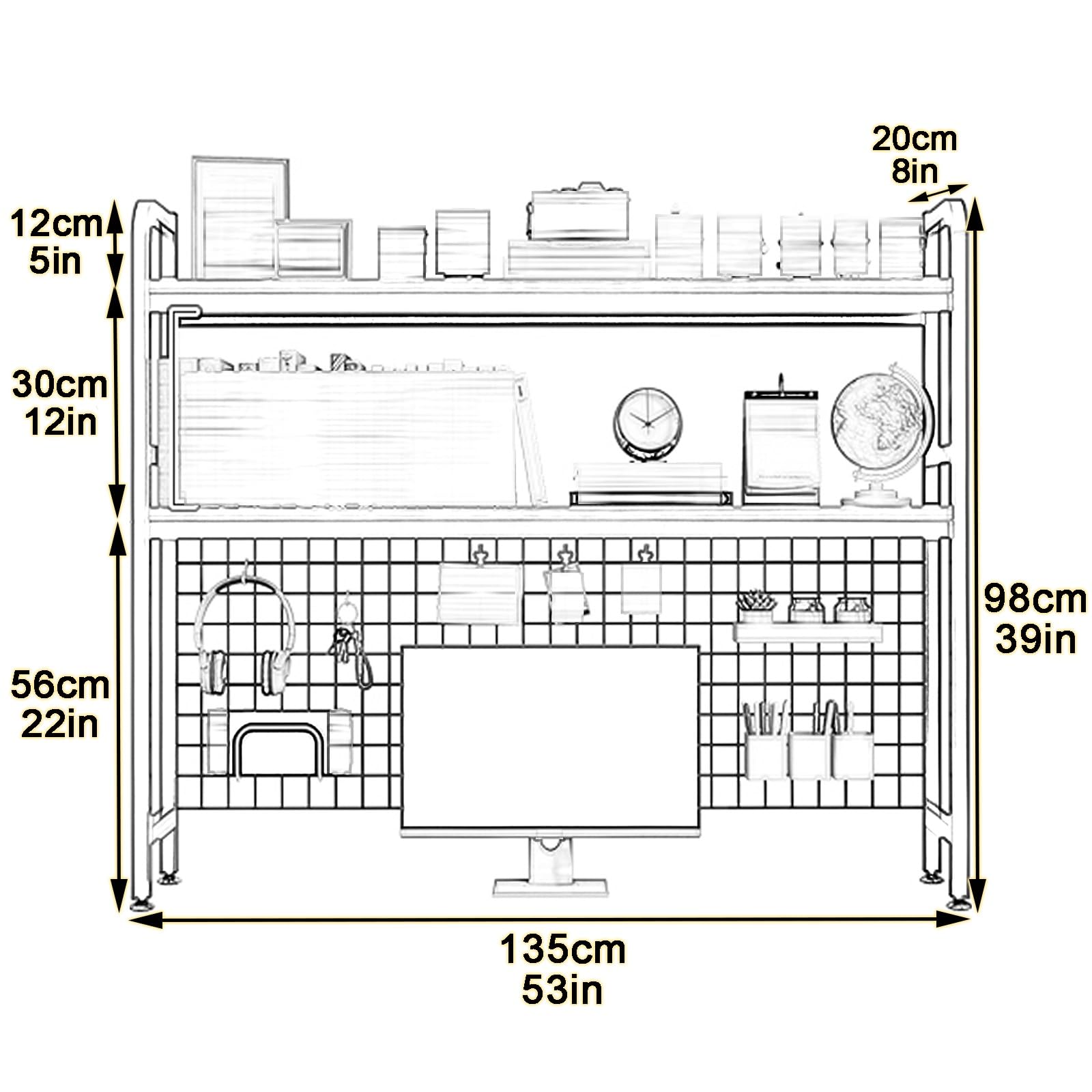Generico Scrivania e scaffale in Metallo a 3 Ripiani - Organizzatore Multiuso per Piccoli spazi, Elegante libreria per dormitorio e Ufficio, Finitura Bianca (135 cm/53 Pollici)