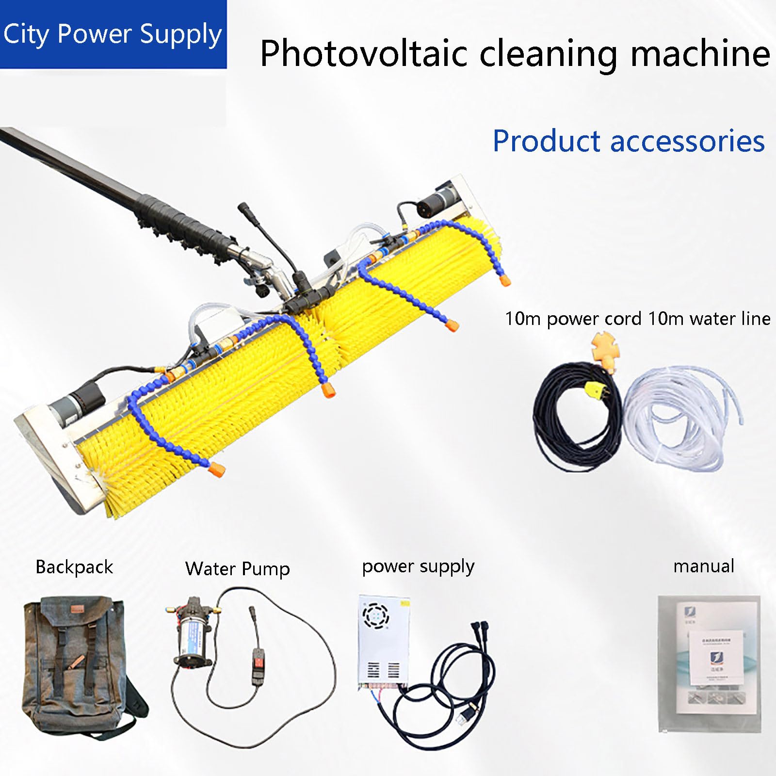Kit Spazzola e Asta per la Pulizia dei Pannelli Solari, Palo Alimentato ad Acqua, per la Pulizia dei Pannelli Solari Fotovoltaici, Pulizia di Finestre Alte e Pulizia di Auto,6m(19.7ft)
