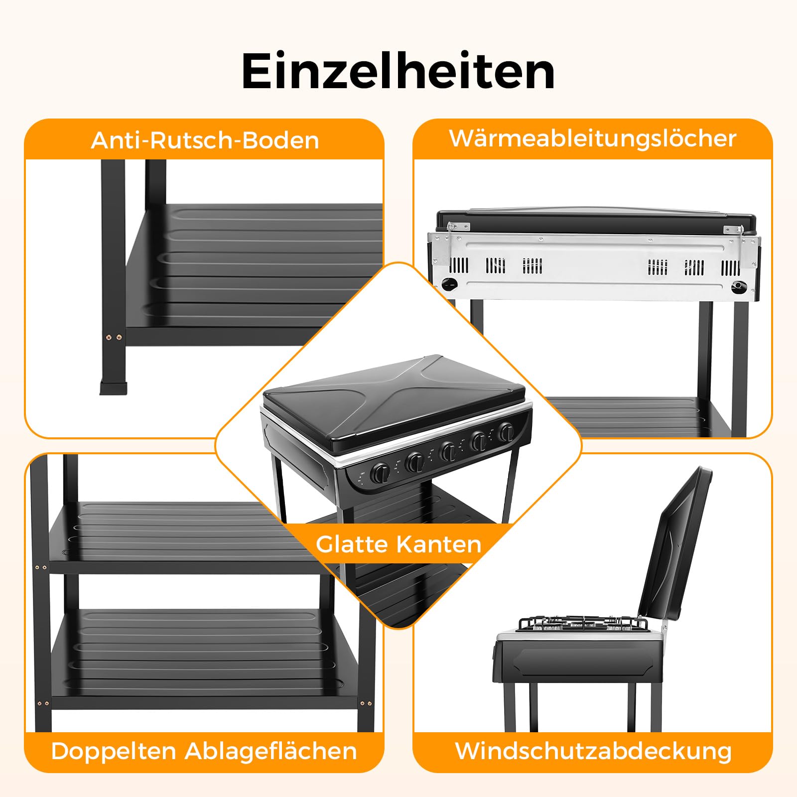 5 Flammiger Gaskocher Outdoor Campingkocher mit Stützbeinständer und windblockierender Abdeckung Freistehender Gaskochfeld für Wohnmobil, Wohnung, Kochen im Freien (Schwarz)