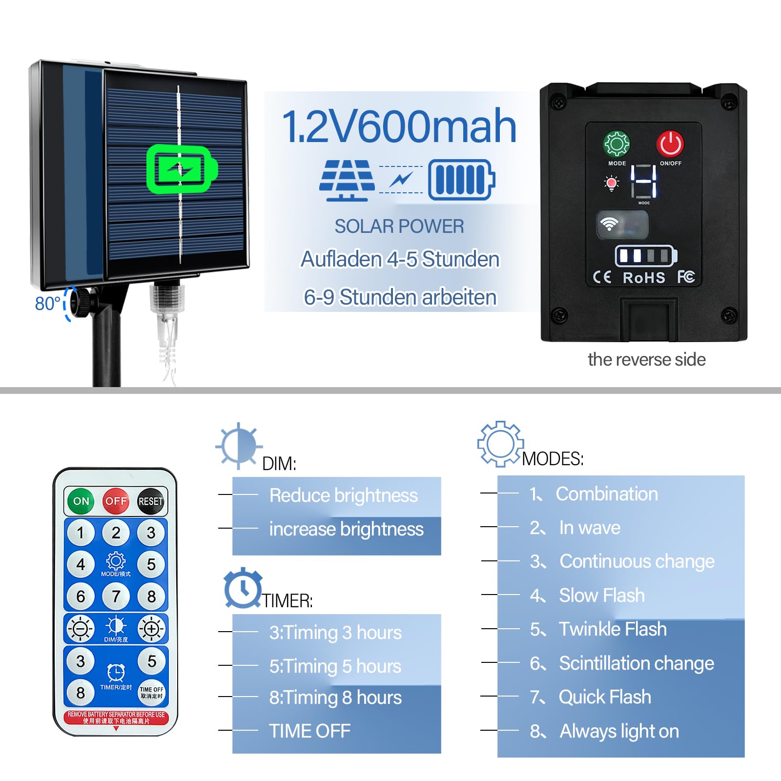 Solarny łańcuch świetlny 10 m, 200 diod LED, łańcuch świetlny z 8 trybami oświetlenia, regulacja jasności i timer, wodoszczelny, do ogrodu, na taras