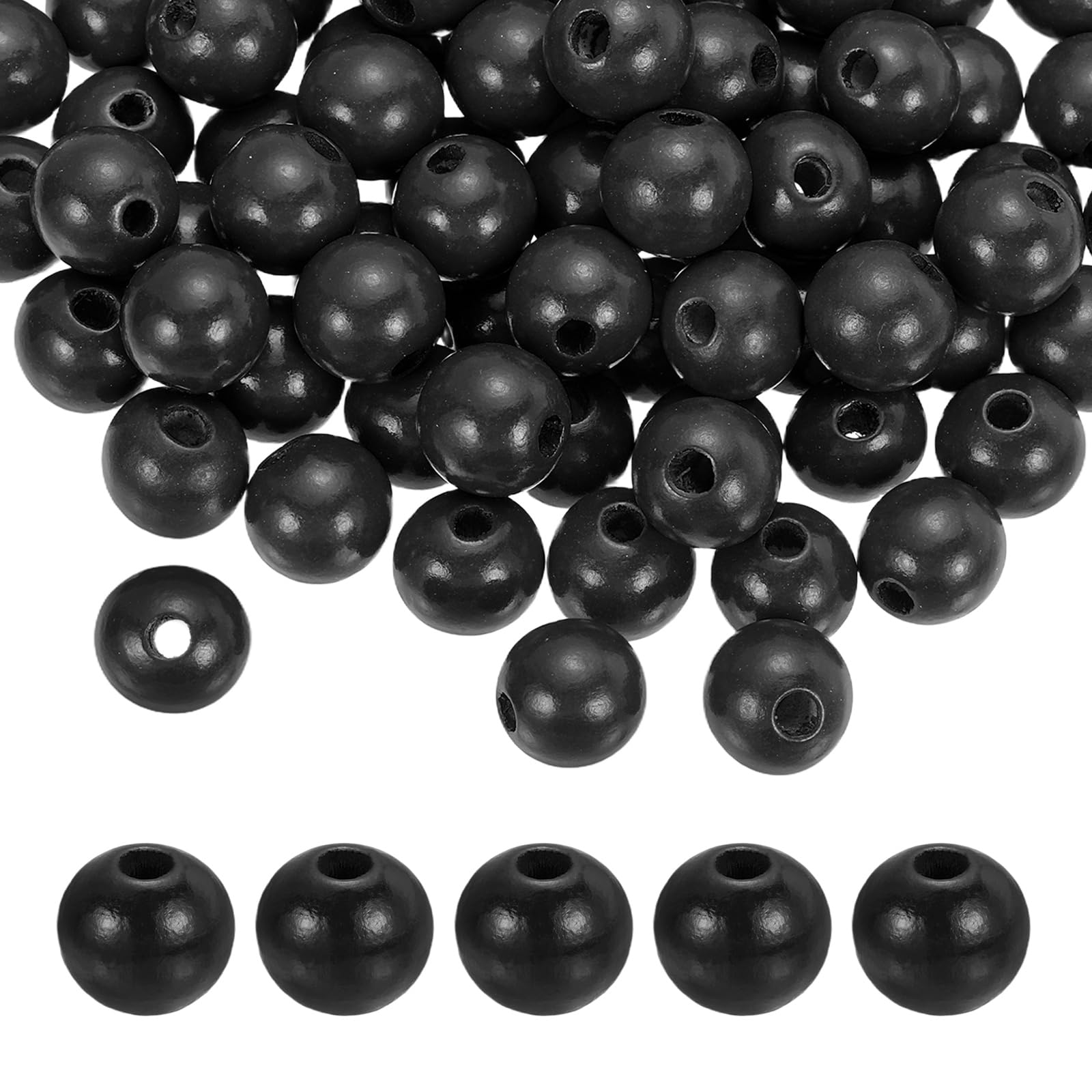 sourcing map 100pcs Black Colored Wooden Beads 16mm Dia. 4.3mm Hole Large Round Natural Dyed Wood Loose Spacer Ball Bulk for DIY Bead Crafts Making Home Decor