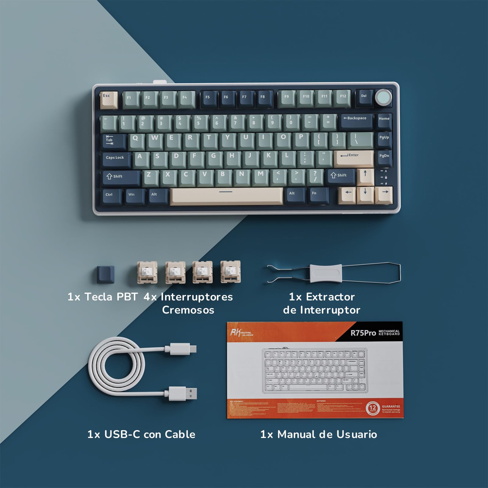 RK ROYAL KLUDGE R75 Teclado Mecánico Inalámbrico, 75% Gasket Bluetooth/2.4G/USB-C, Versión US Teclado Gaming con Teclas PBT, Knob Control, Retroiluminación RGB, Hot-Swap (Interruptor Cremas)