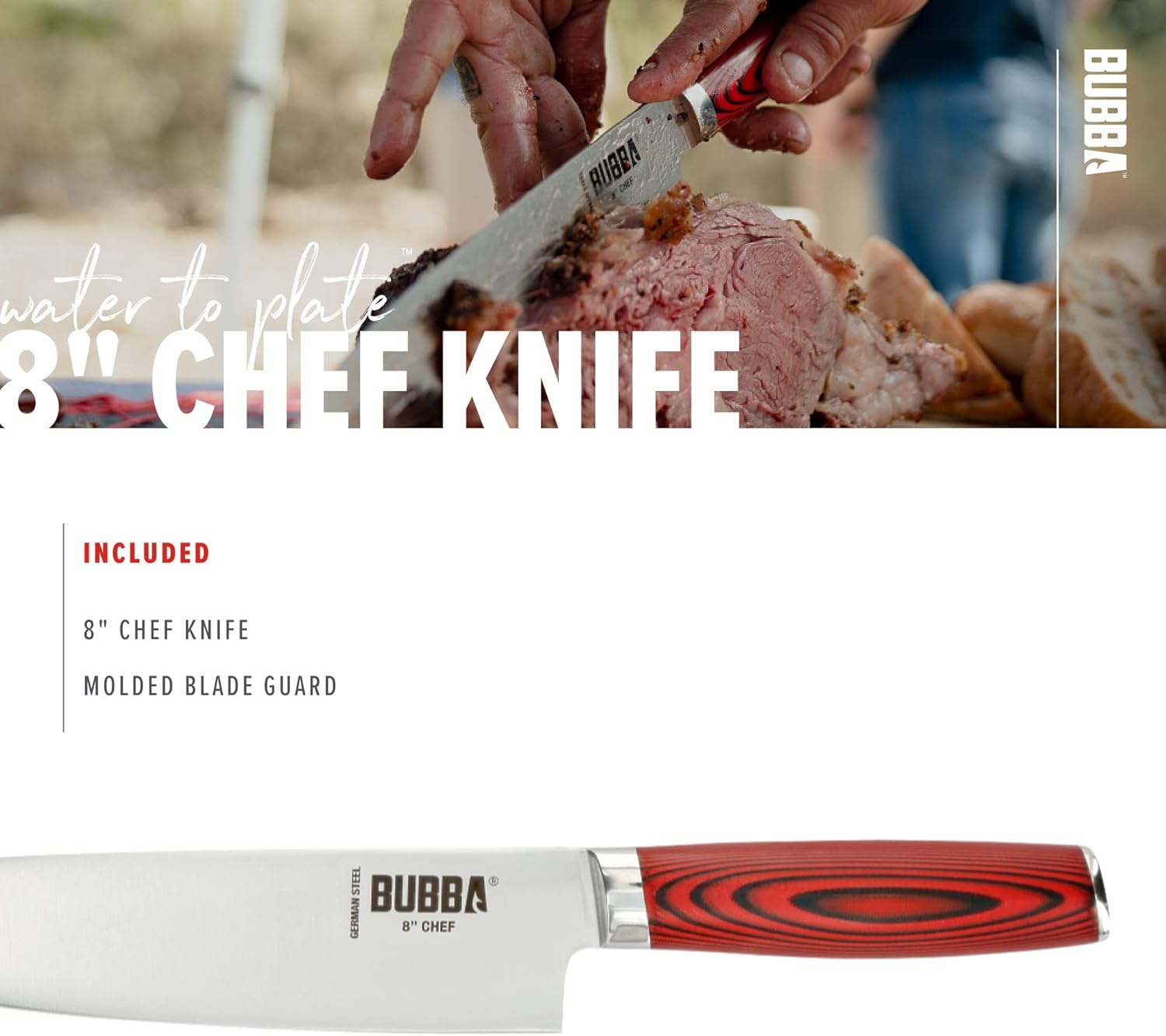 BUBBA Kitchen Series 8" Chef Knife, an all-purpose kitchen knife for Chopping, Mincing, Slicing and Dicing with a premium German Steel Blade for all your kitchen needs