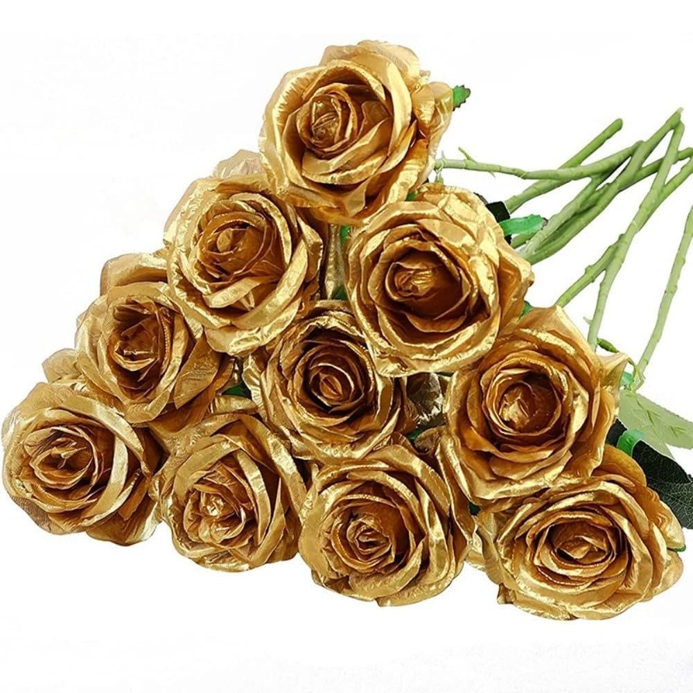 10 Pcs Artificial Roses, Gold Fake Roses Artificial Flowers, with Stems Fake Artificial Gold Roses Silk Flowers, for Home Garden Party Hotel Office Decor