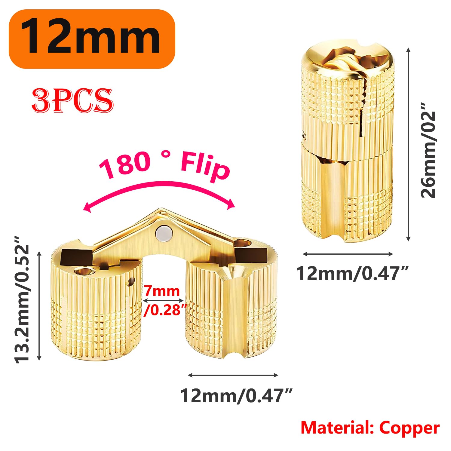 Qrity 3 Pcs Cylindrical Barrel Hinge, Brass Concealed Hinges, 180° Opening Angle - Image 2