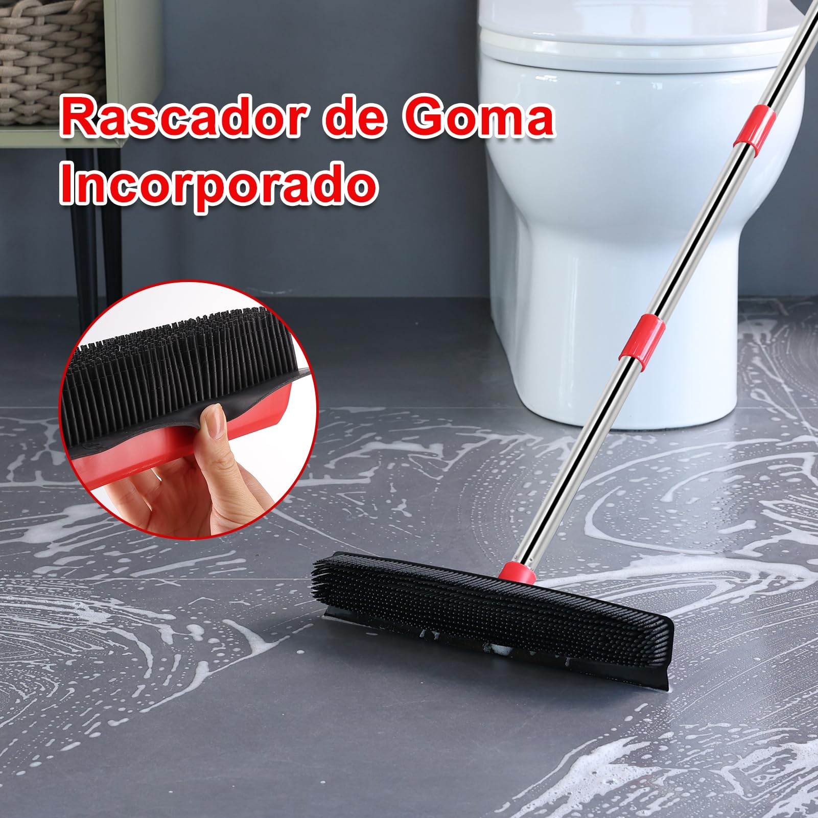 Mitclear Escoba de goma con mango largo 60 pulgadas, cepillo de suelo 2 en 1 con escobilla integrada 13 pulgadas, removedor pelo mascotas
