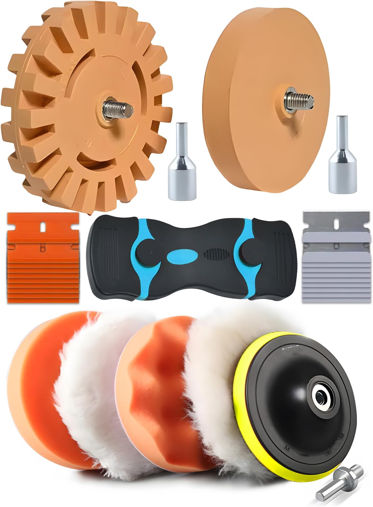- Rubber Eraser Wheel,Decal Sticker Remover Tool Kit with Drill Adapter,Vinyl Adhesive Removal Tool,Razor Blade Scraper,Polishing Pad Wool Buffing Pad