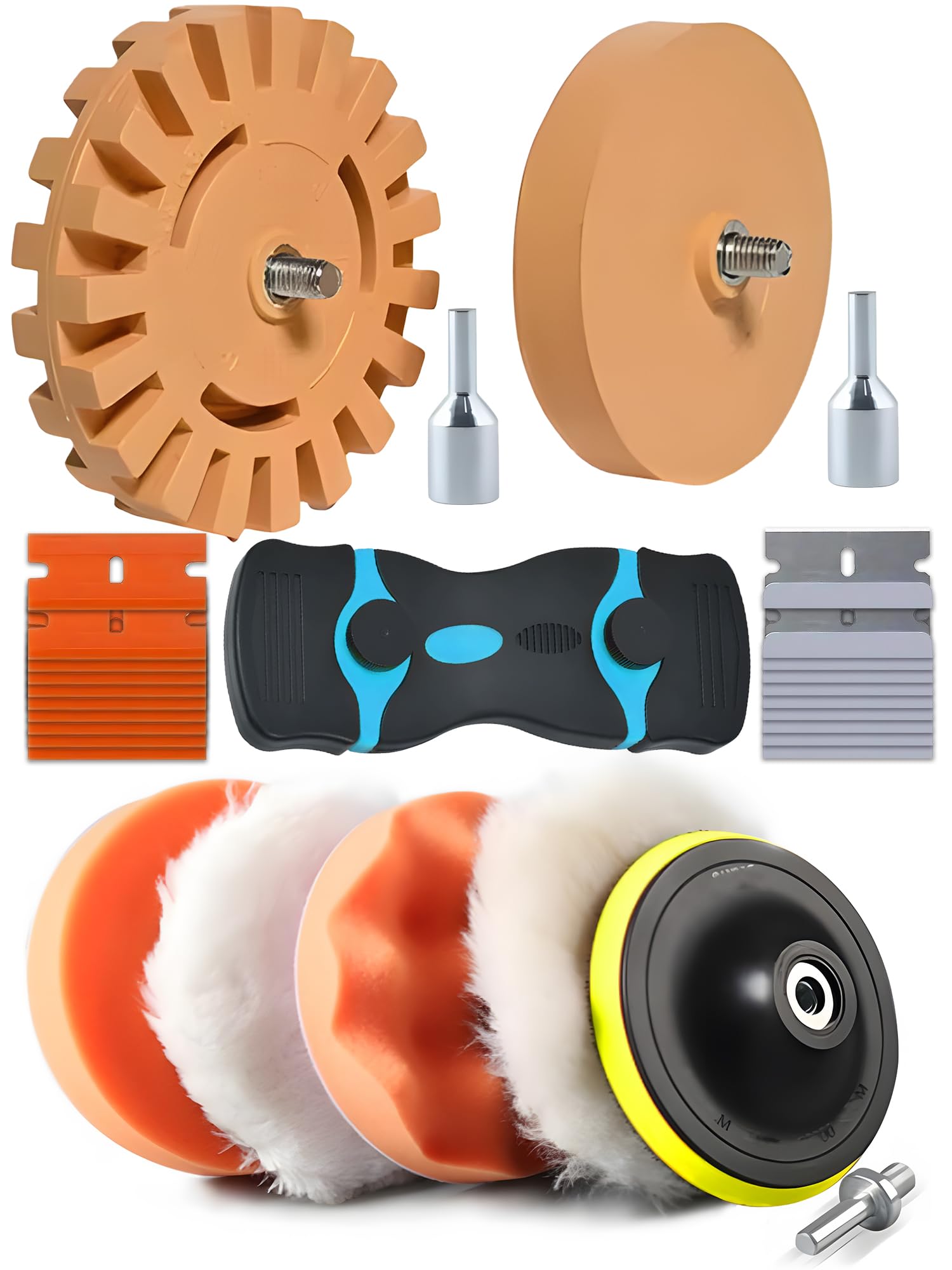 - Rubber Eraser Wheel,Decal Sticker Remover Tool Kit with Drill Adapter,Vinyl Adhesive Removal Tool,Razor Blade Scraper,Polishing Pad Wool Buffing Pad