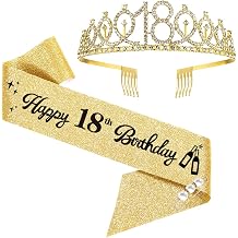18th Birthday Sash and Tiara, Rhinestone Crown for Girls - Gold