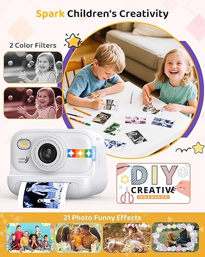 Miniatura 3 de Cámara de impresión instantánea a color para niños - Cámara para niños con papel fotográfico de 5 colores, video de 48 MP y 1080P, 21 marcos